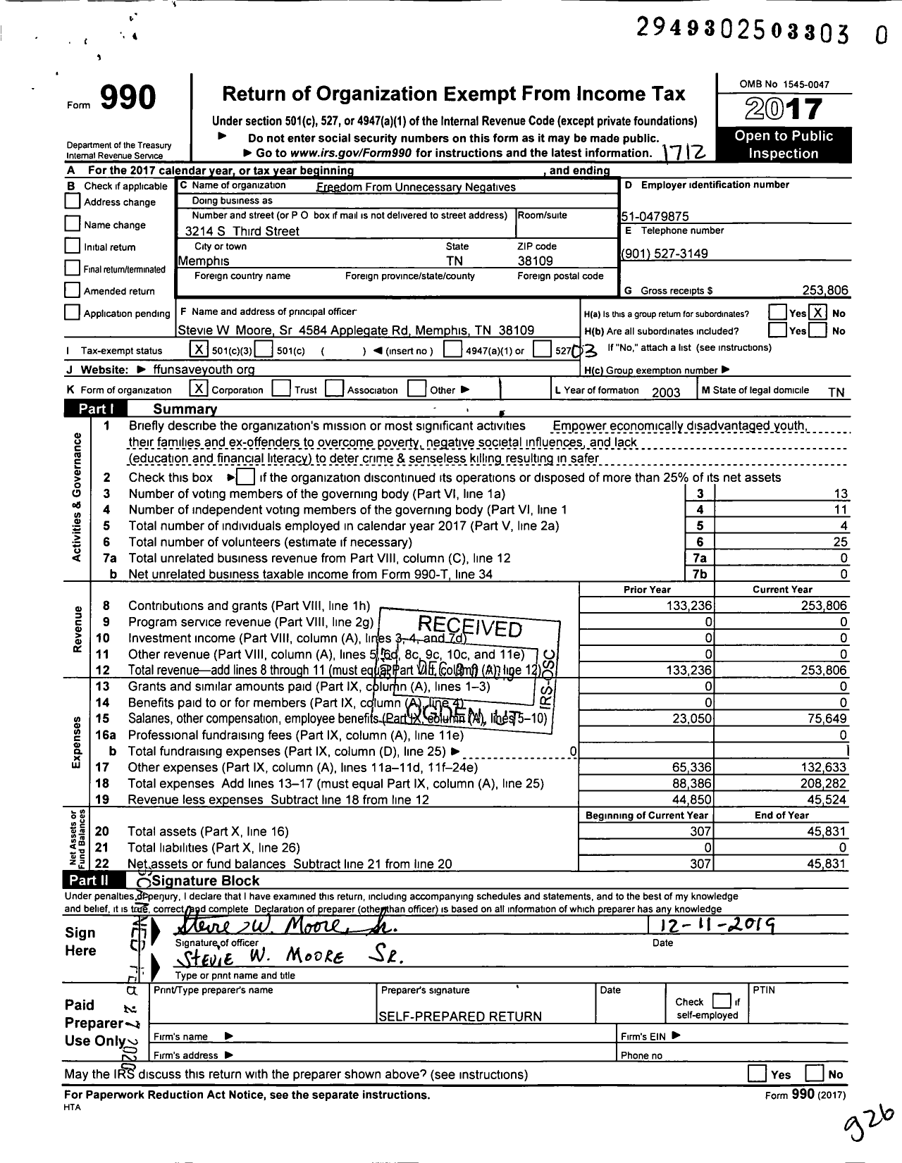 Image of first page of 2017 Form 990 for Freedom From Unnecessary Negatives (FFUN)