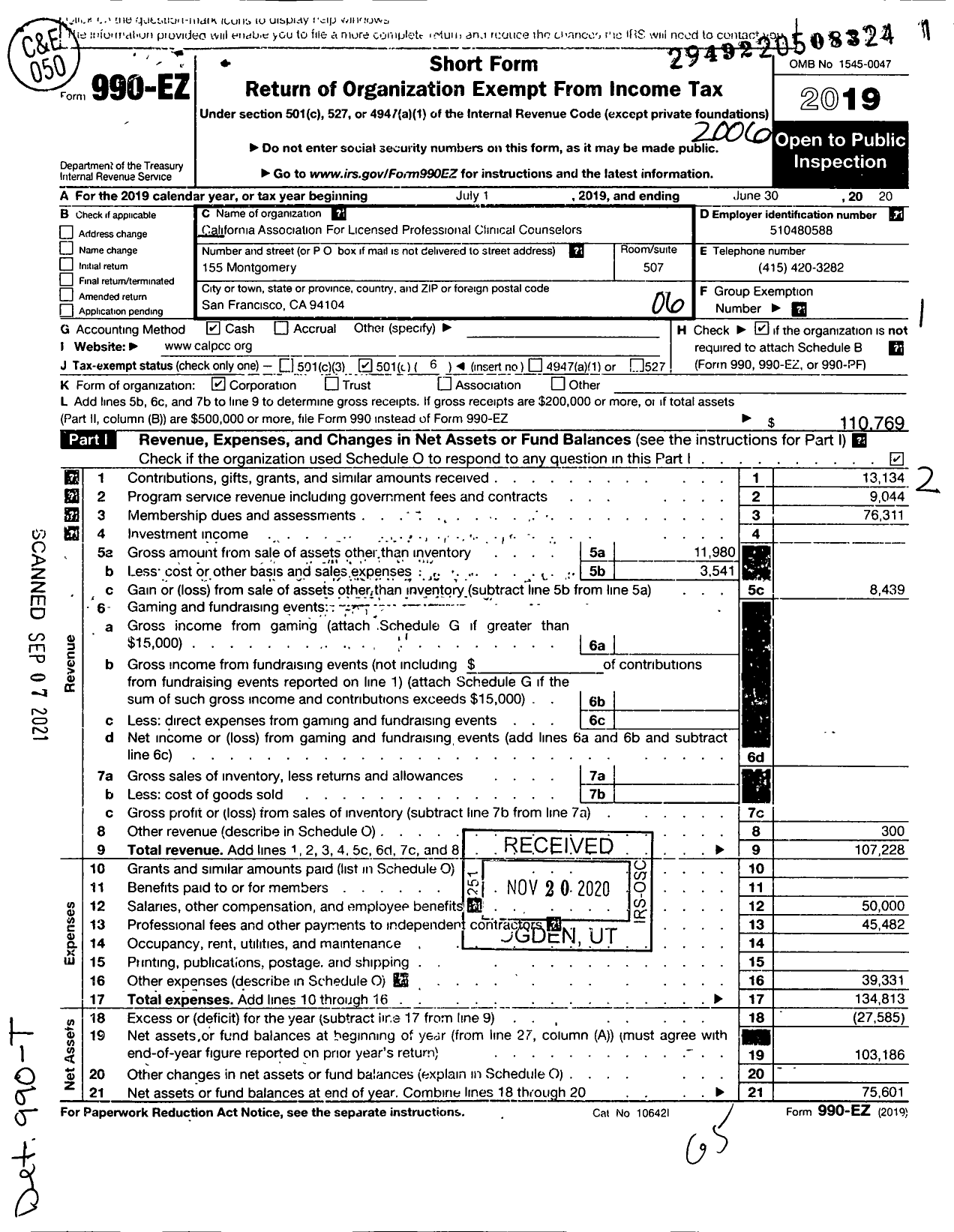 Image of first page of 2019 Form 990EO for California Association for Licensed Professional Clinical Counselors