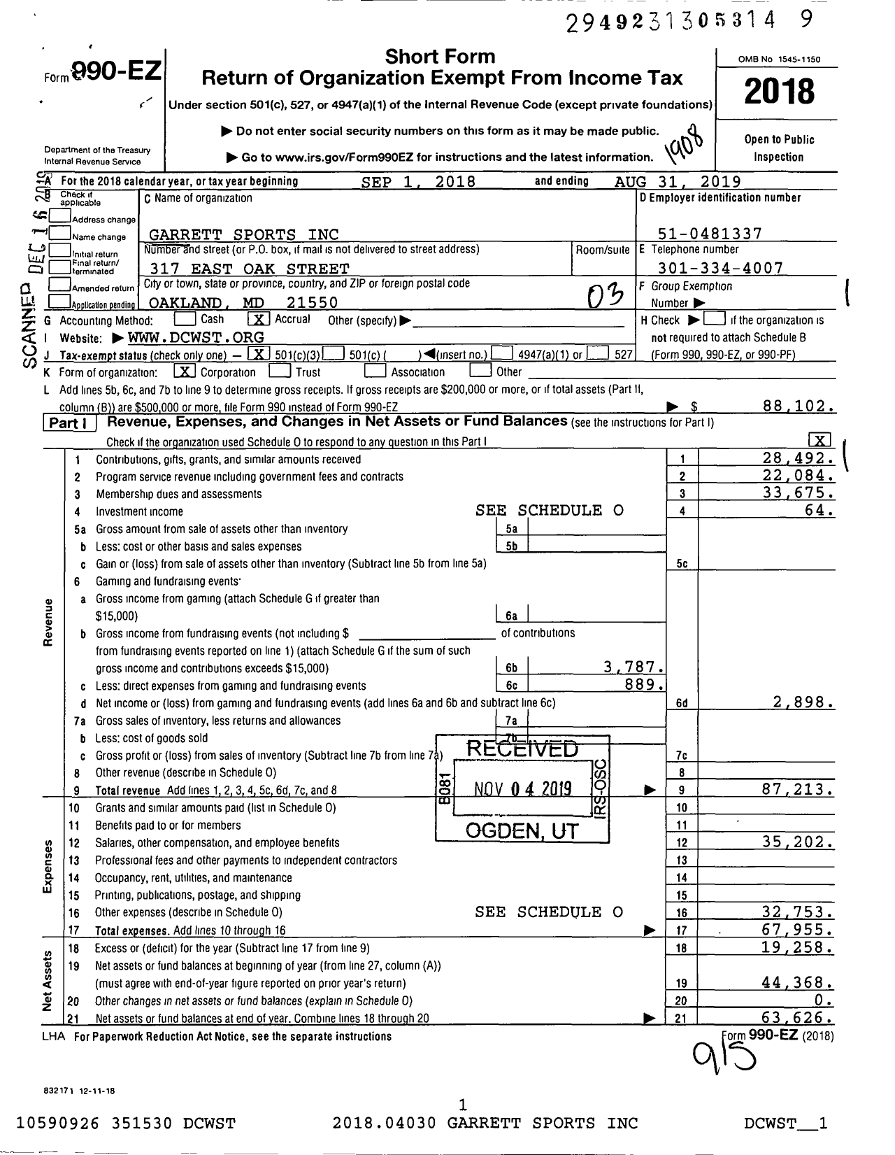 Image of first page of 2018 Form 990EZ for Garrett Sports