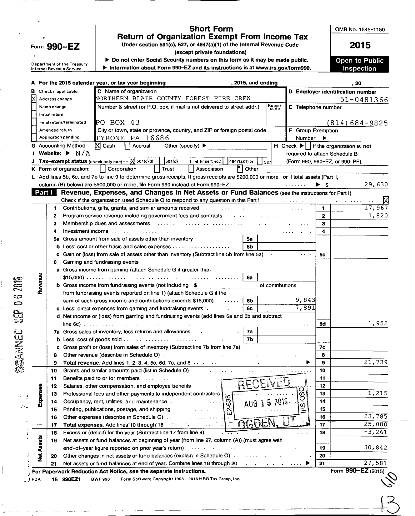 Image of first page of 2015 Form 990EZ for Northern Blair County Forest Fire Crew