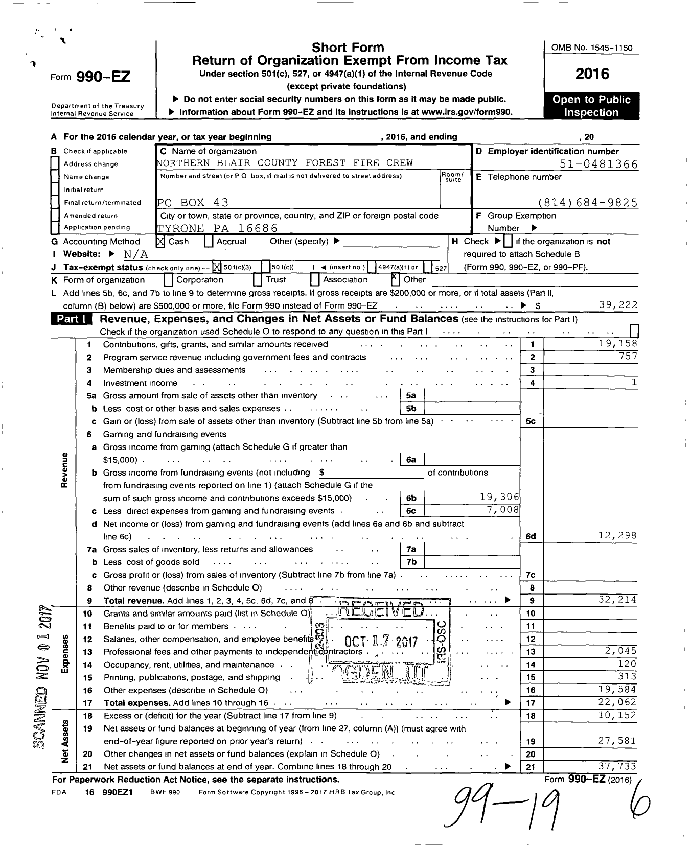 Image of first page of 2016 Form 990EZ for Northern Blair County Forest Fire Crew