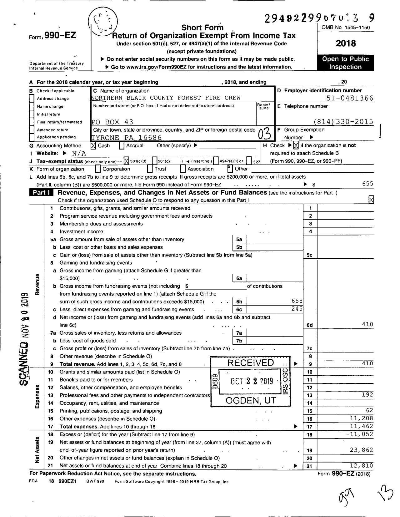 Image of first page of 2018 Form 990EZ for Northern Blair County Forest Fire Crew