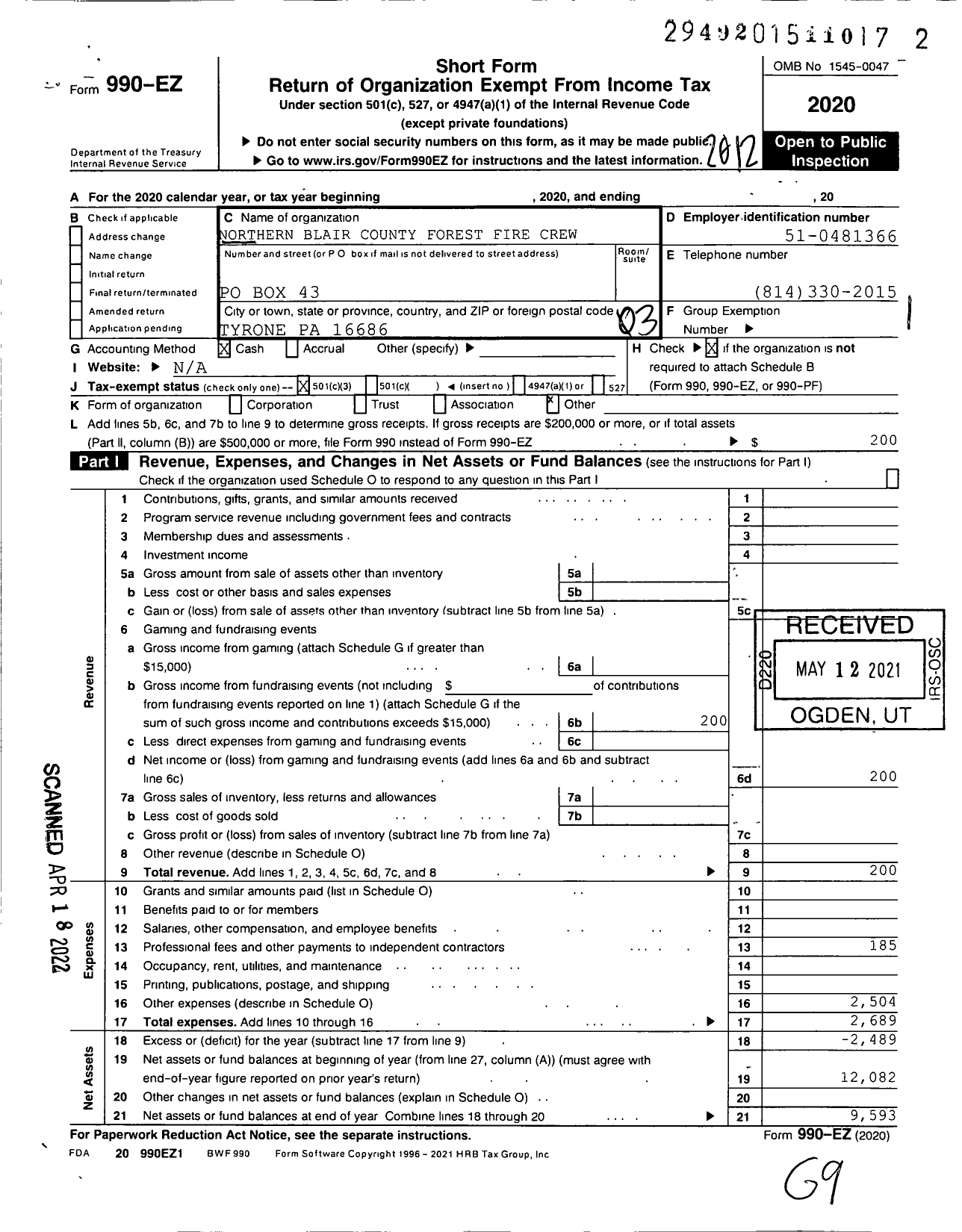 Image of first page of 2020 Form 990EZ for Northern Blair County Forest Fire Crew