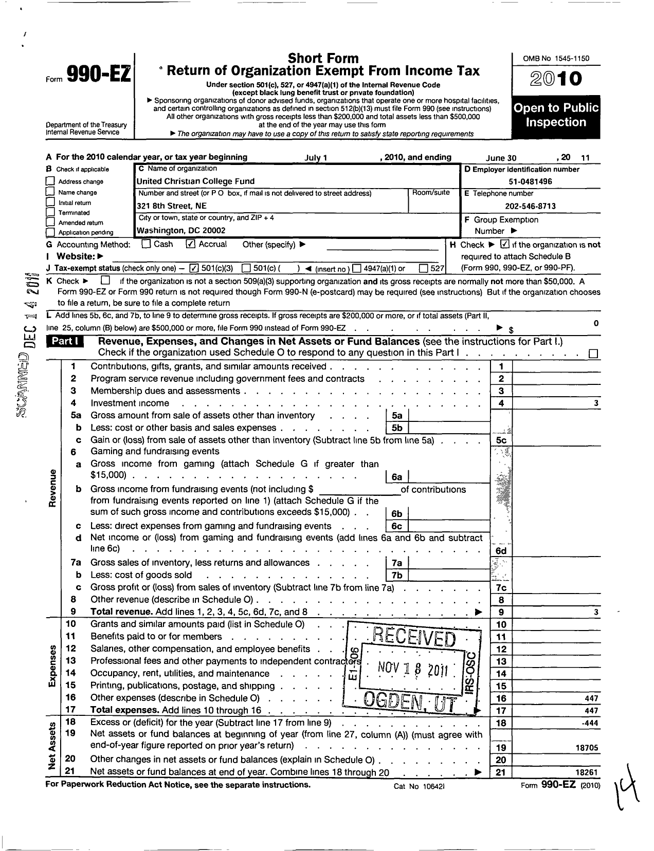 Image of first page of 2010 Form 990EZ for United Christian College Fund