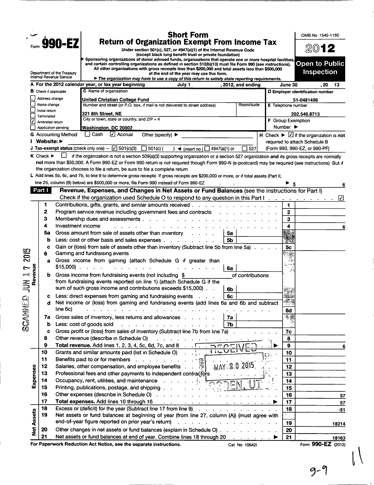 Image of first page of 2012 Form 990EZ for United Christian College Fund