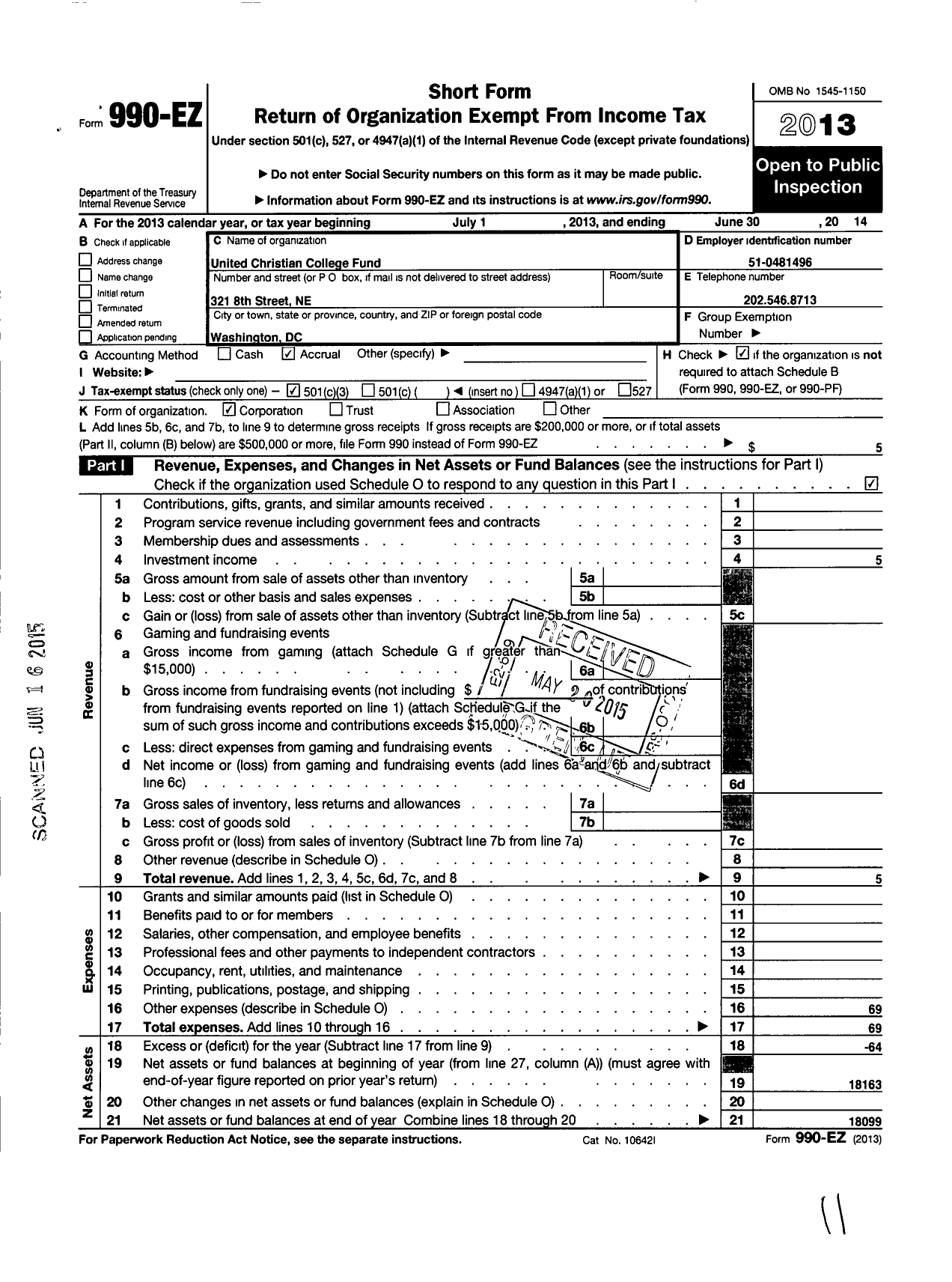 Image of first page of 2013 Form 990EZ for United Christian College Fund