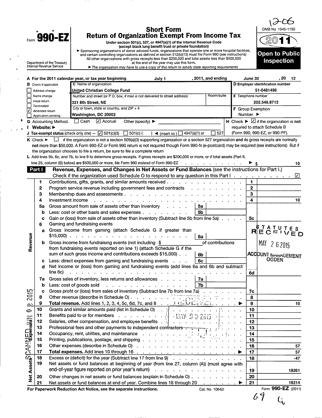 Image of first page of 2011 Form 990EZ for United Christian College Fund