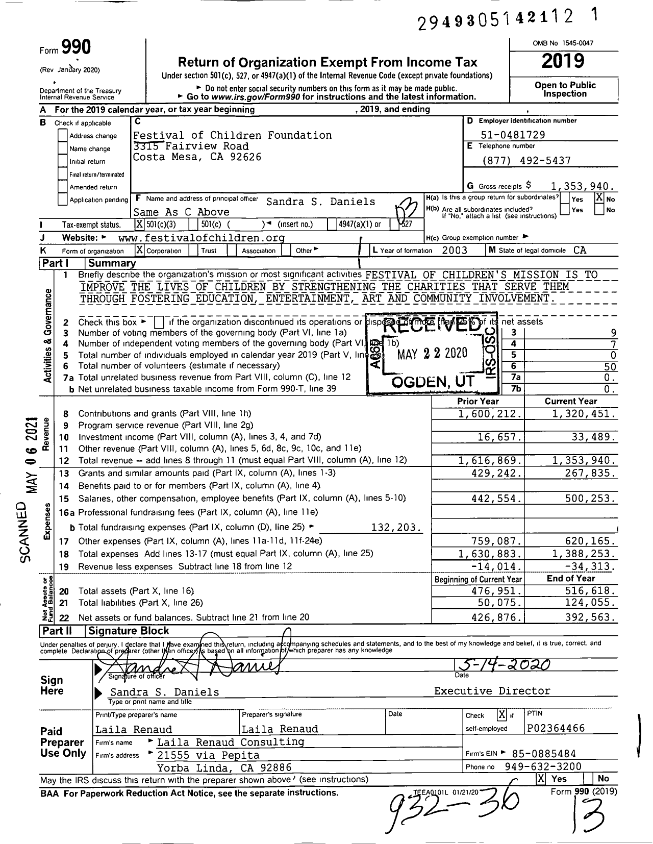 Image of first page of 2019 Form 990 for Festival of Children Foundation