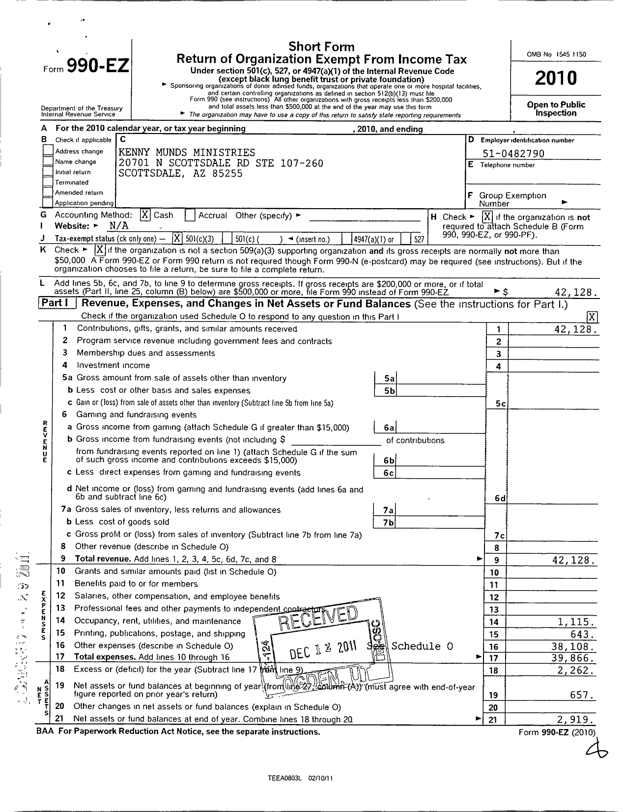 Image of first page of 2010 Form 990EZ for Kenny Munds Ministries