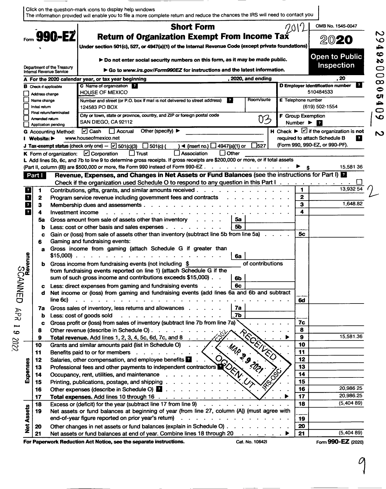 Image of first page of 2020 Form 990EZ for House of Mexico