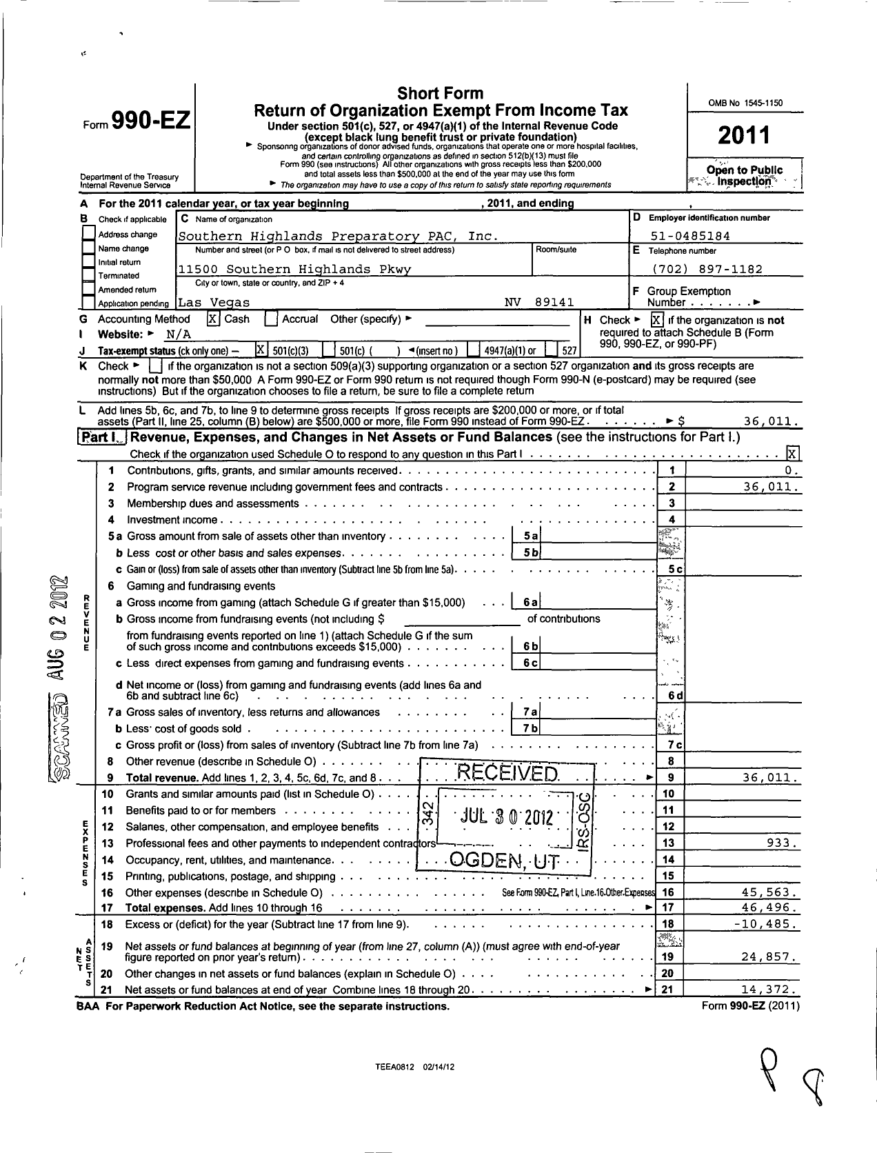 Image of first page of 2011 Form 990EZ for Southern Highlands Preparatory Pac