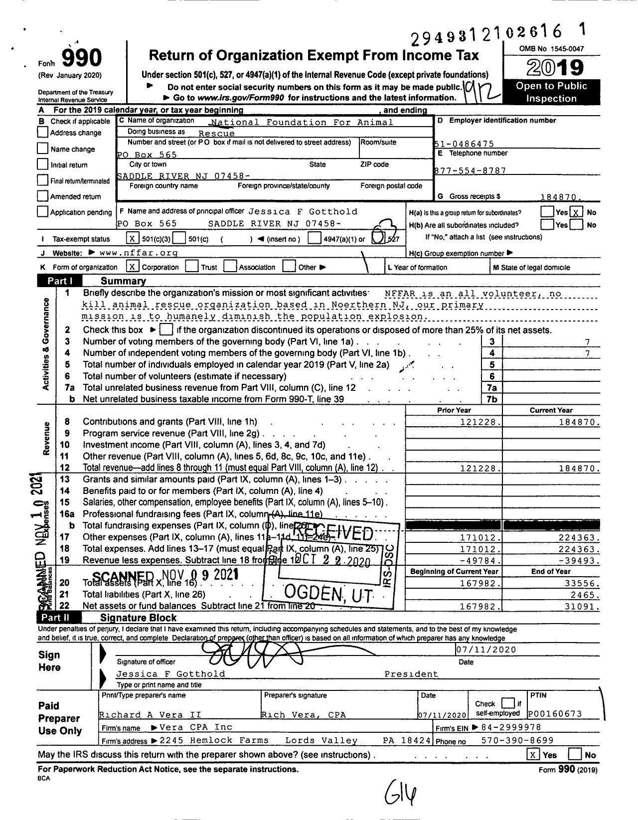 Image of first page of 2019 Form 990 for The National Foundation for Animal Rescue