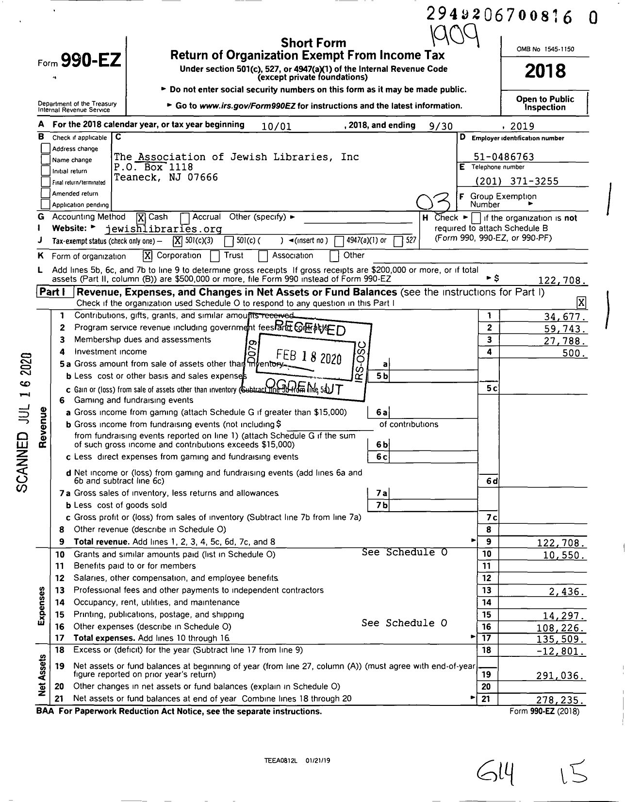 Image of first page of 2018 Form 990EZ for The Association of Jewish Libraries