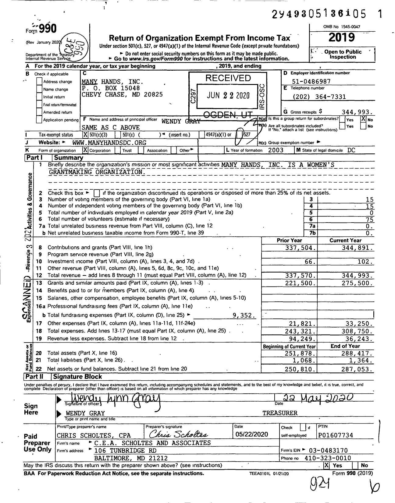 Image of first page of 2019 Form 990 for Many Hands