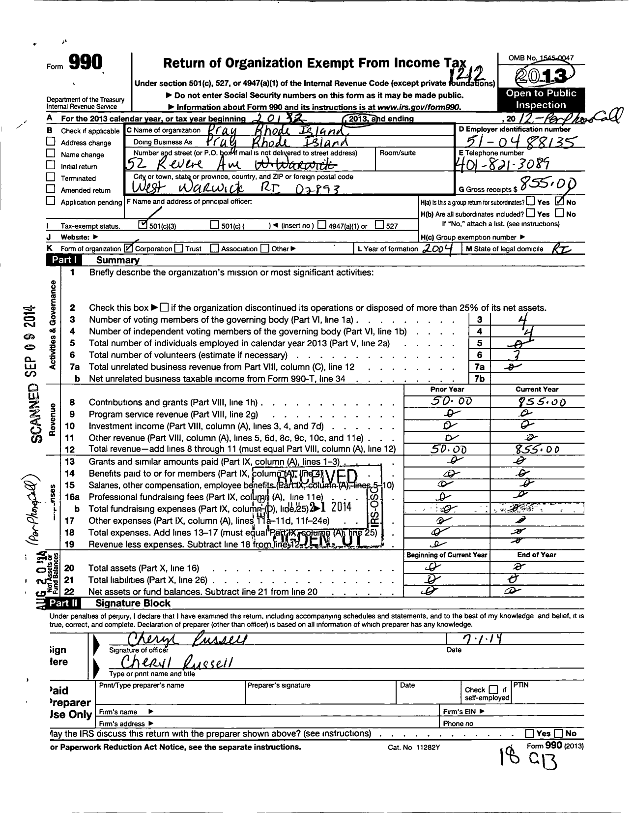 Image of first page of 2012 Form 990 for Pray Rhode Island