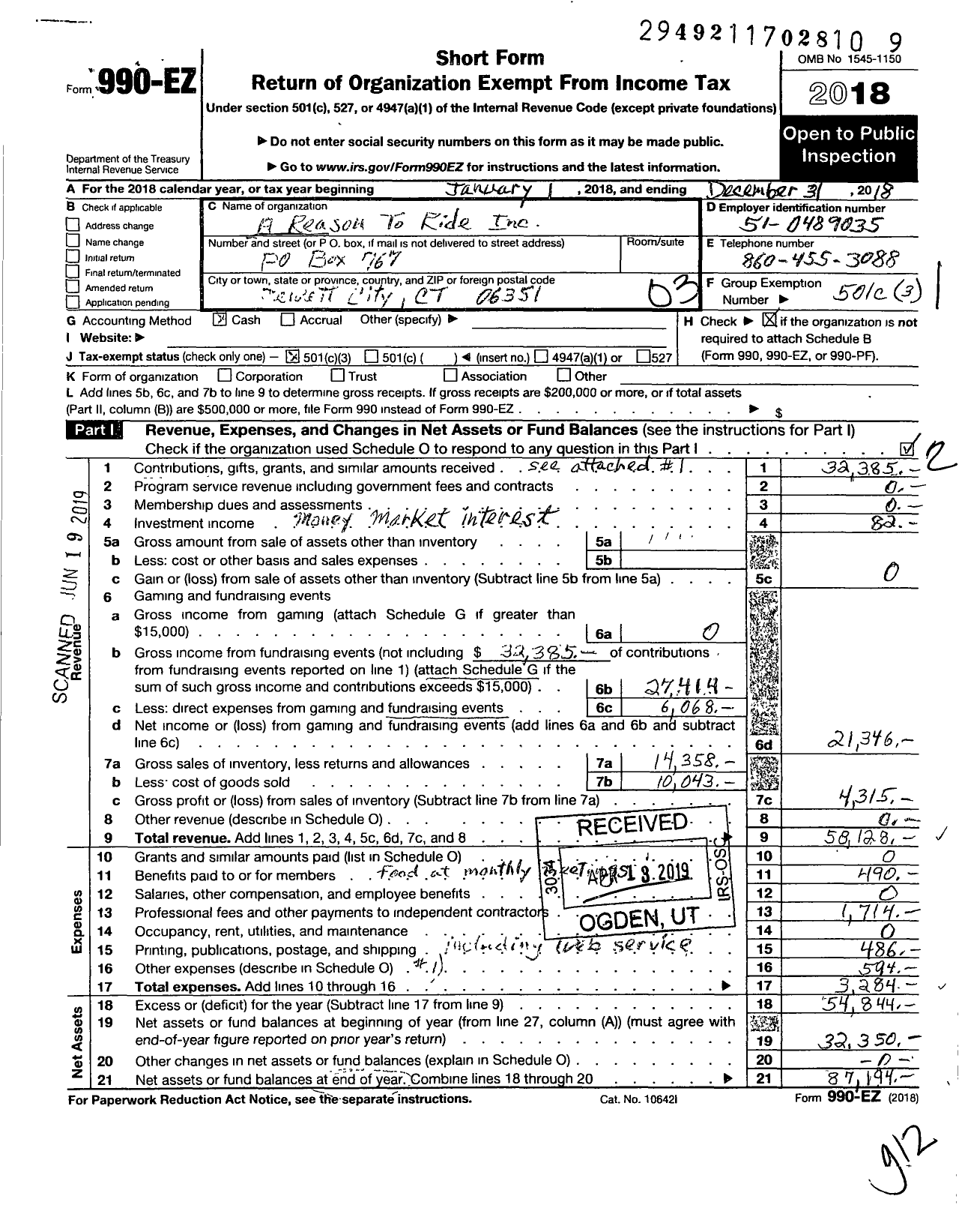 Image of first page of 2018 Form 990EZ for A Reason To Ride