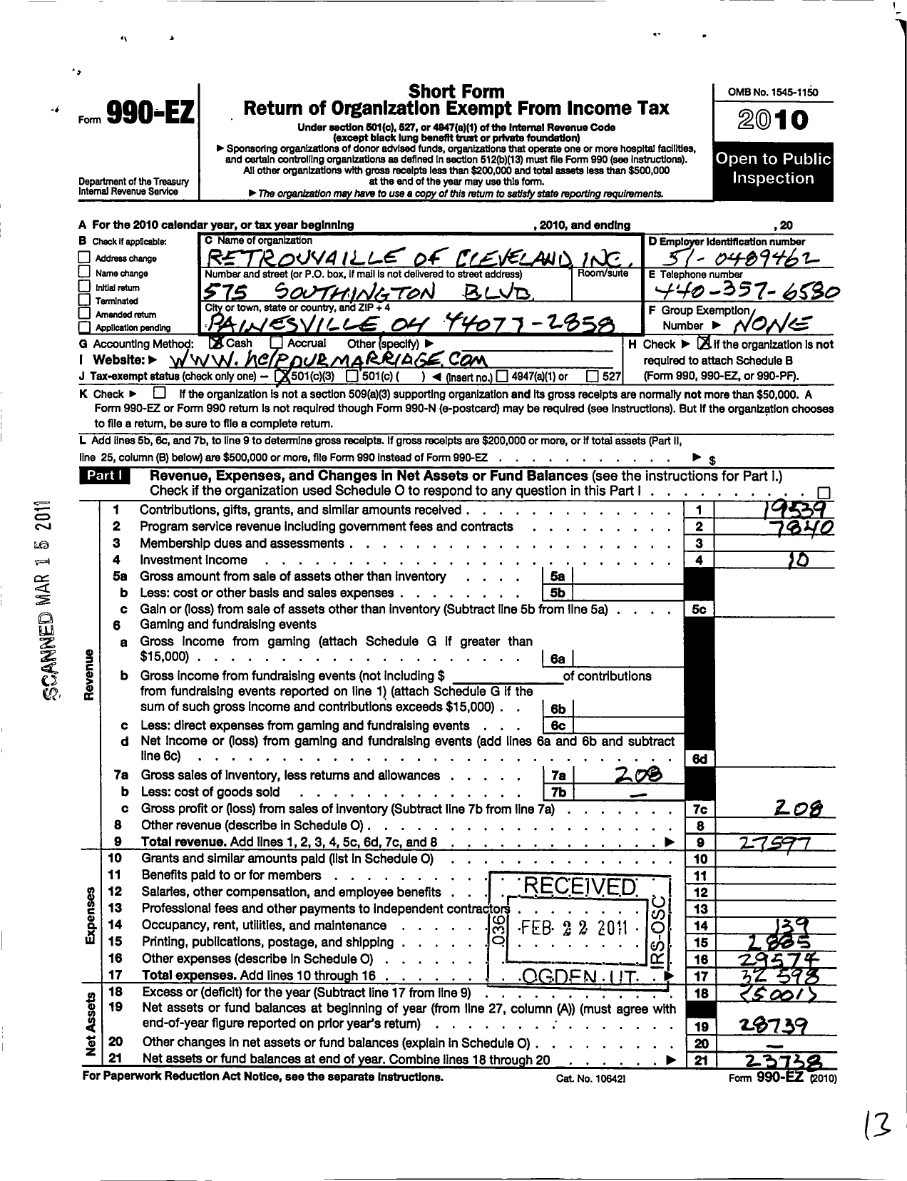 Image of first page of 2010 Form 990EZ for Retrouvaille of Cleveland