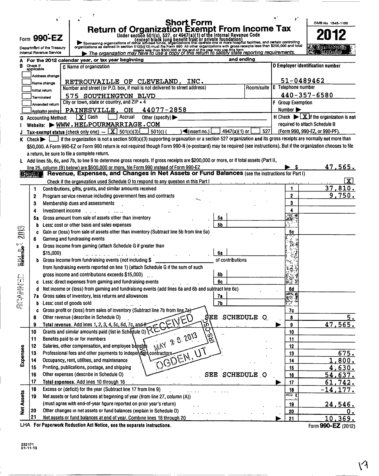 Image of first page of 2012 Form 990EZ for Retrouvaille of Cleveland