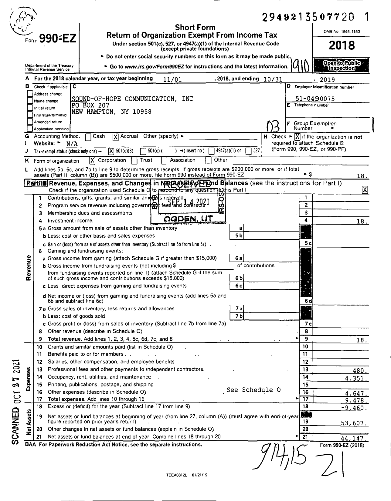 Image of first page of 2018 Form 990 for Sound-Of-Hope Communication