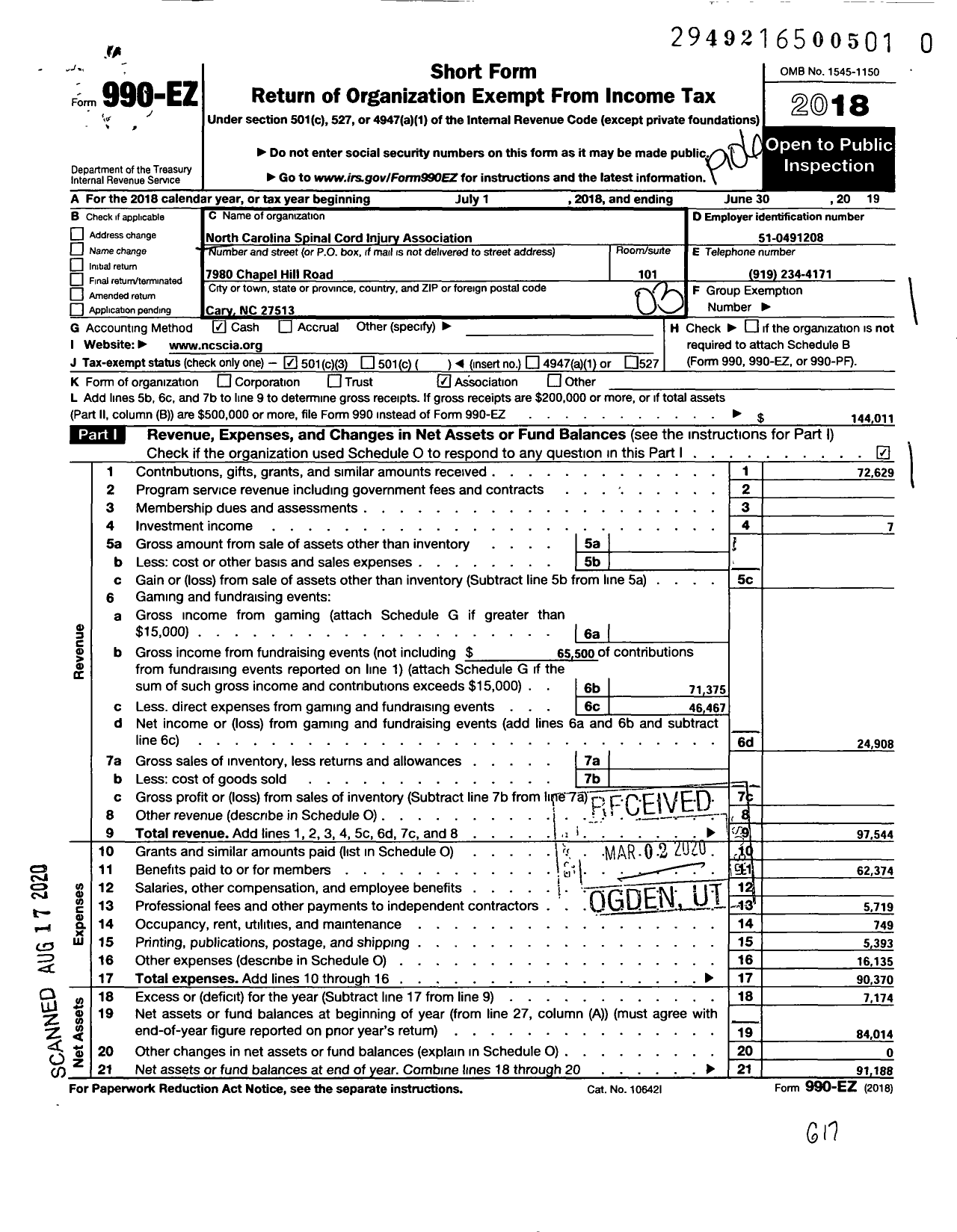 Image of first page of 2018 Form 990EZ for North Carolina Spinal Cord Injury Association