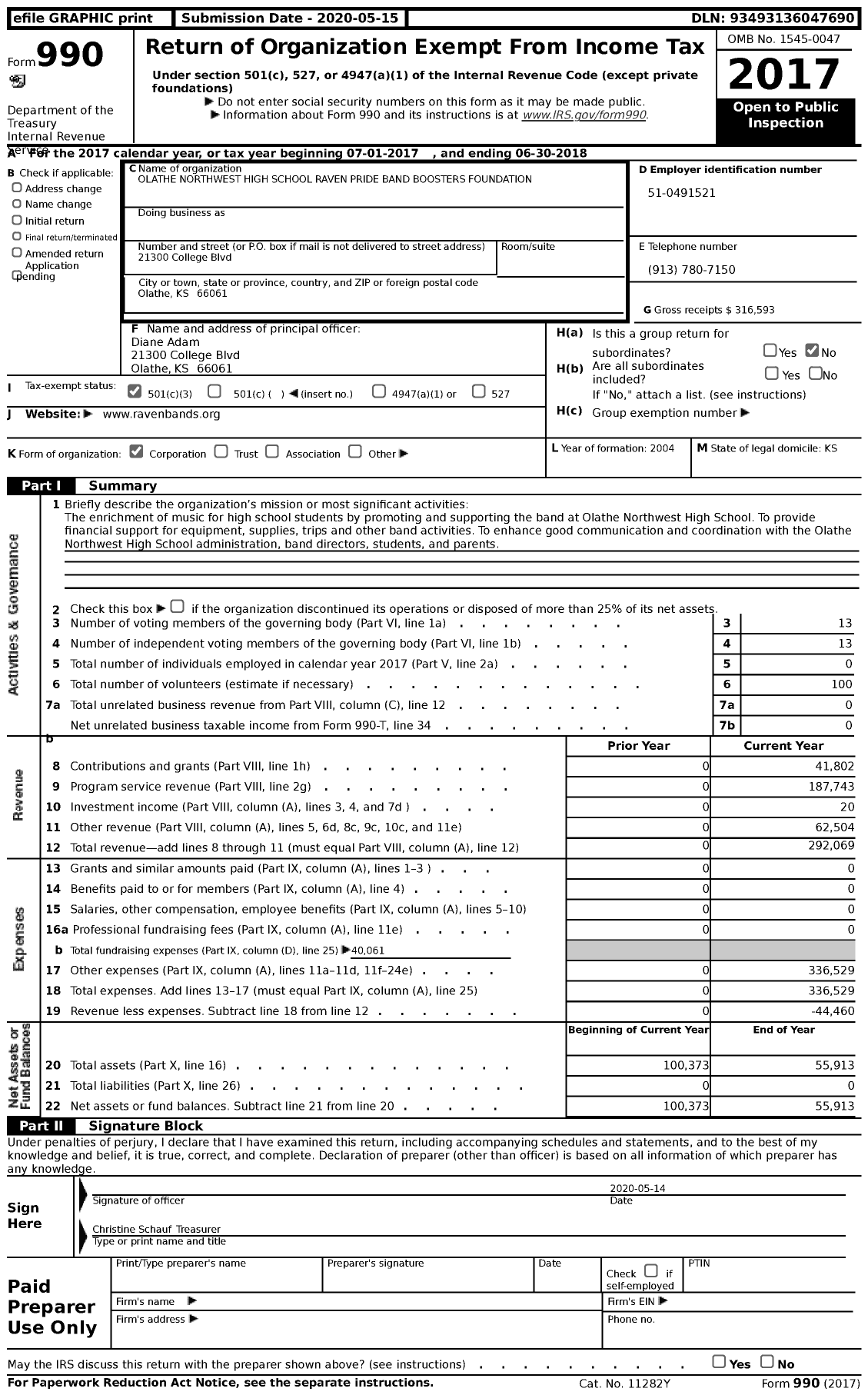 Image of first page of 2017 Form 990 for Olathe Northwest High School Raven Pride Band Boosters Foundation