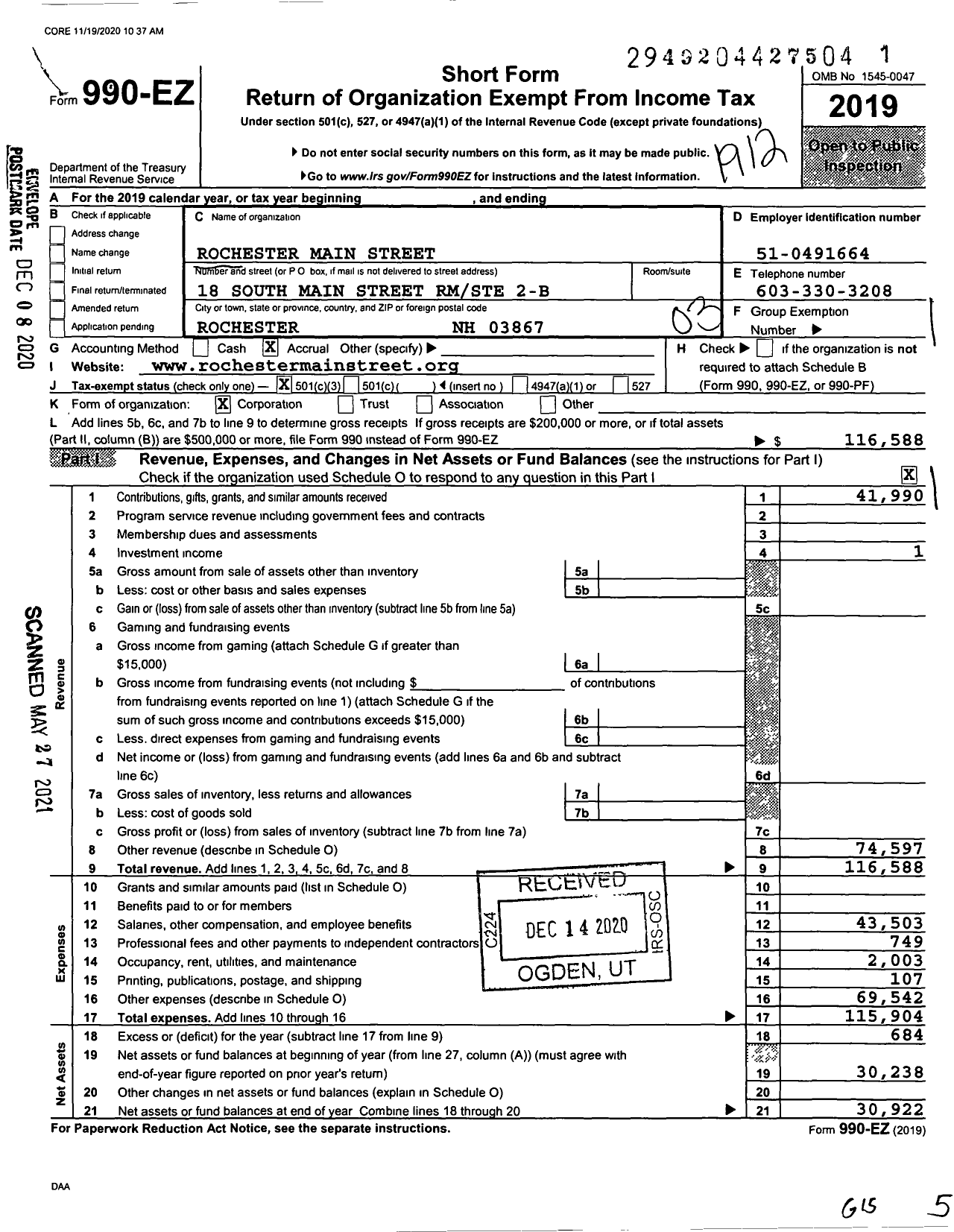 Image of first page of 2019 Form 990EZ for Rochester Main Street