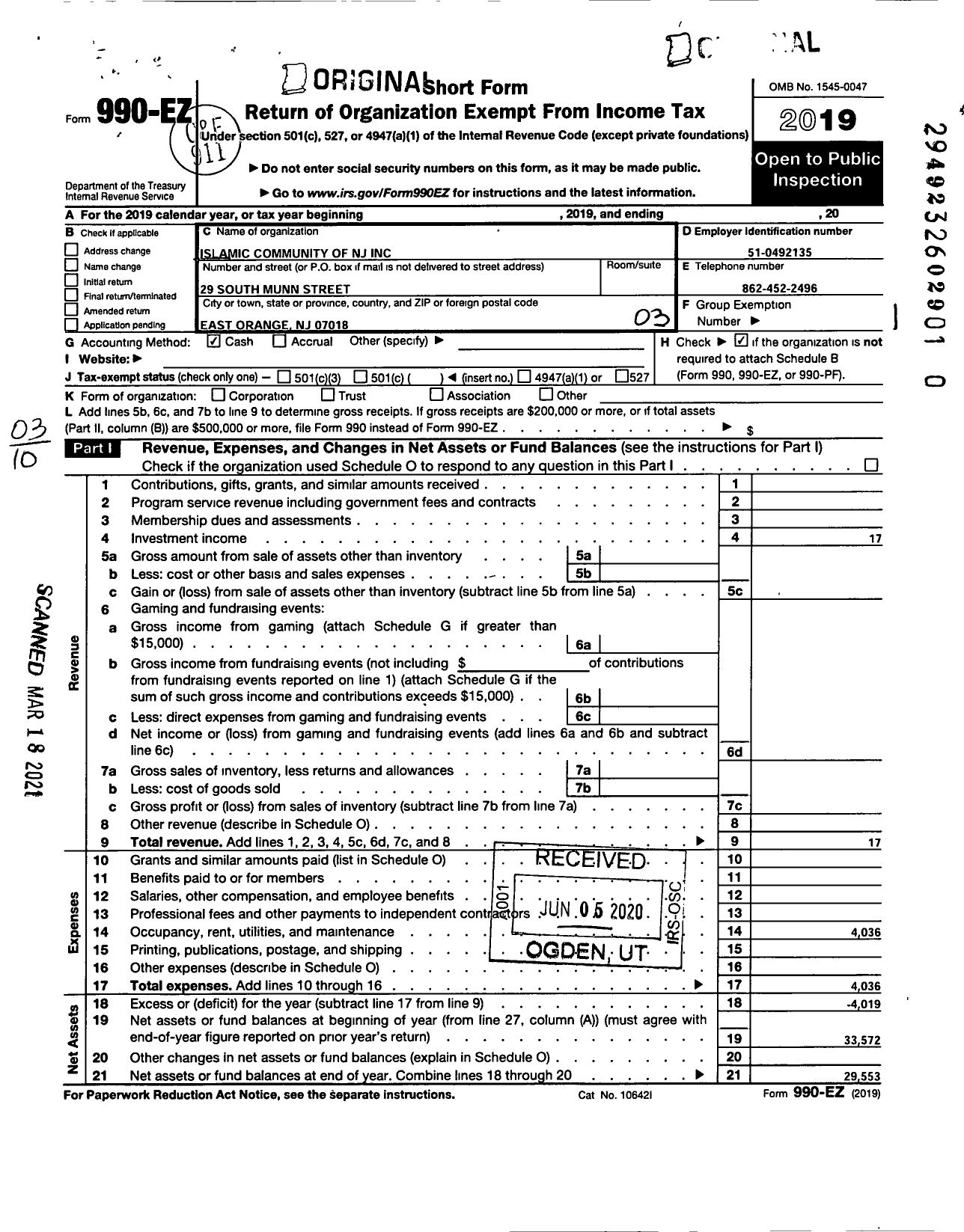 Image of first page of 2019 Form 990EZ for Islamic Community of New Jersey