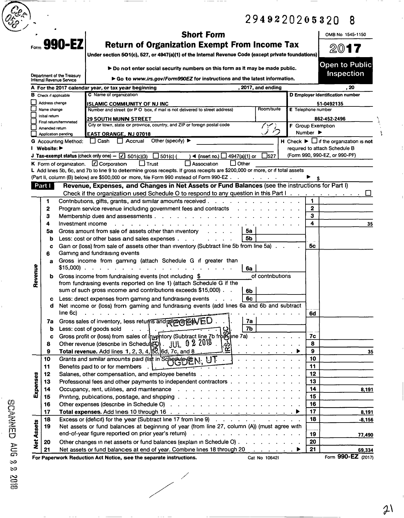 Image of first page of 2017 Form 990EZ for Islamic Community of New Jersey