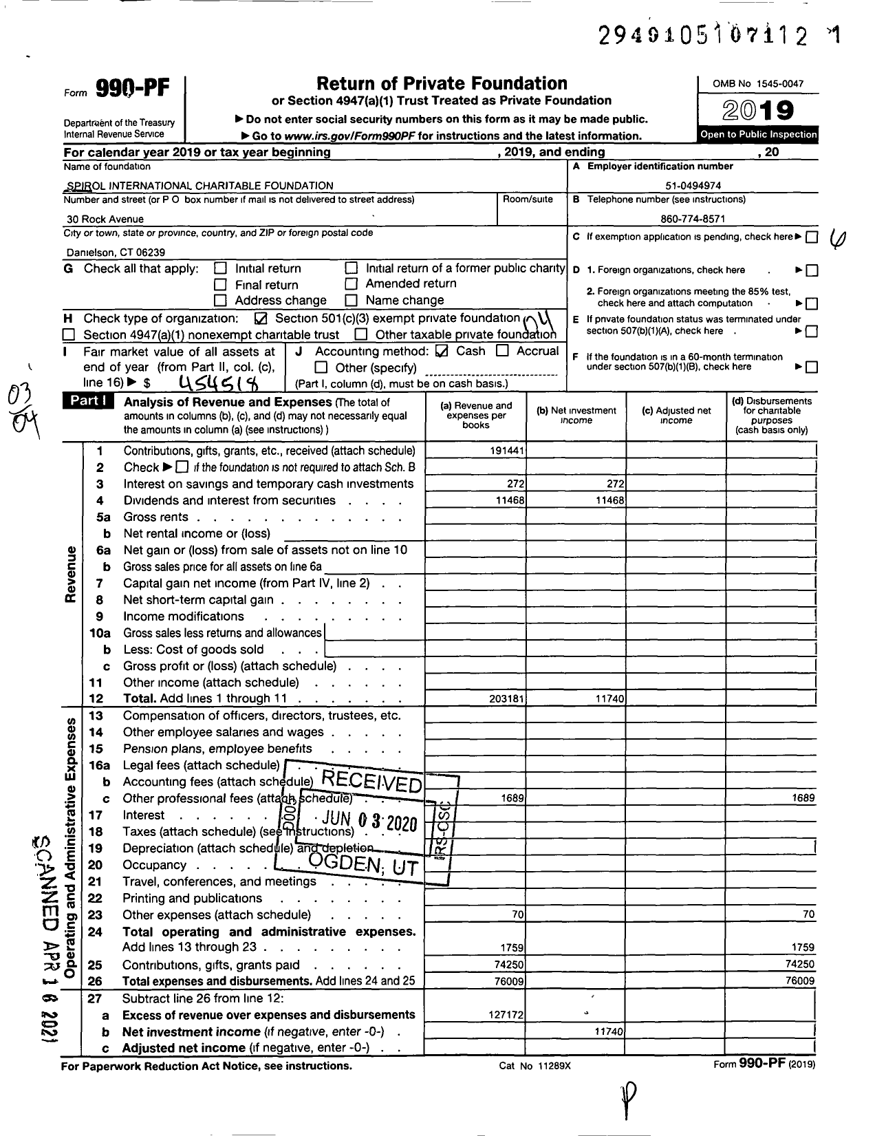 Image of first page of 2019 Form 990PF for SPIROL International Charitable Foundation