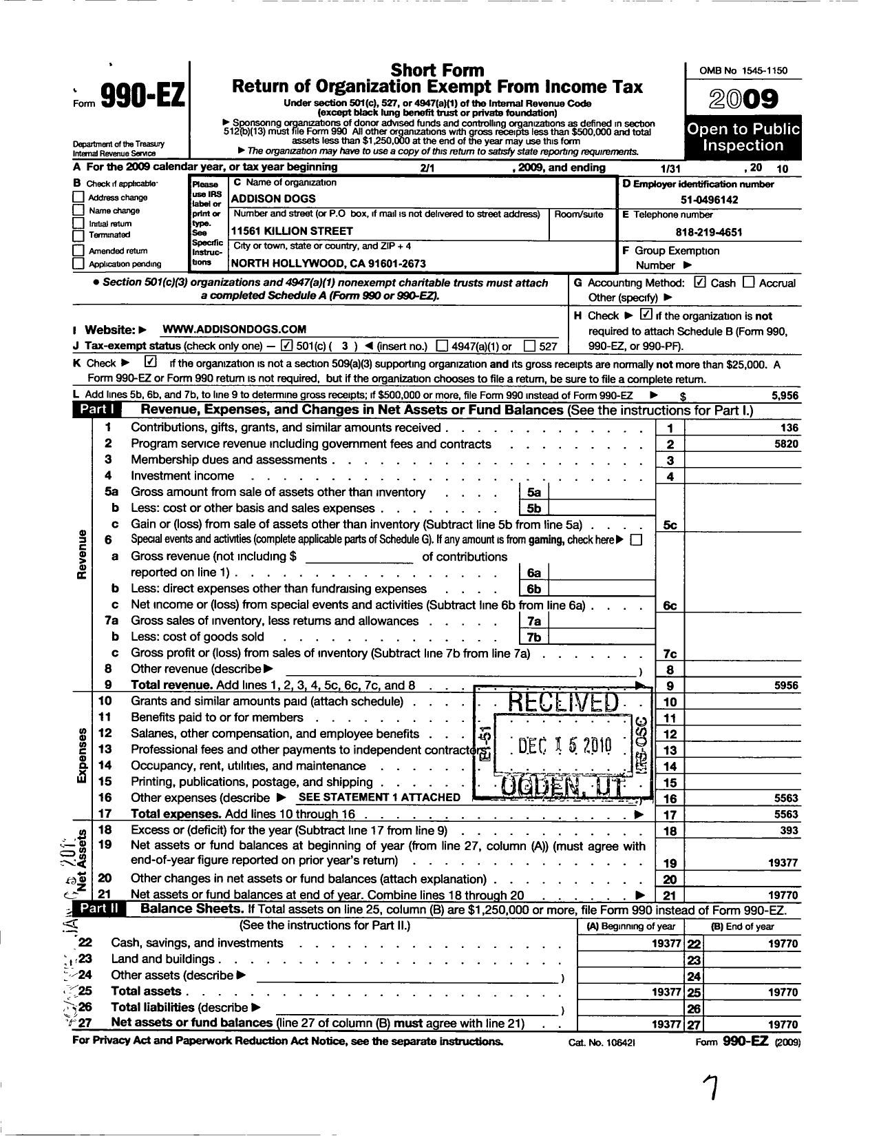 Image of first page of 2009 Form 990EZ for Addison Dogs