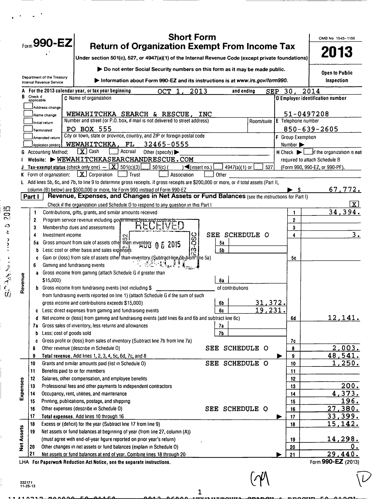 Image of first page of 2013 Form 990EZ for Wewahitchka Search and Rescue