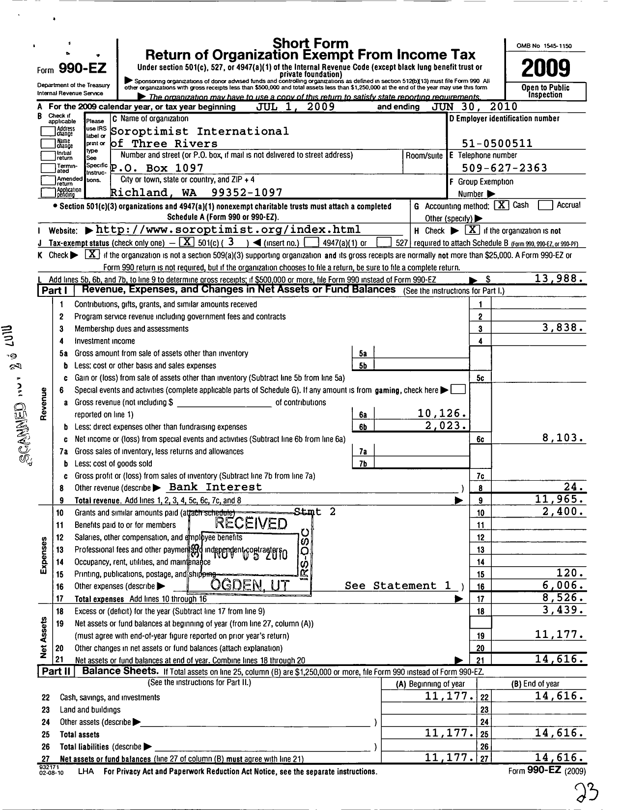 Image of first page of 2009 Form 990EZ for Soroptimist International of The Americas - 111328 Three Rivers Wa