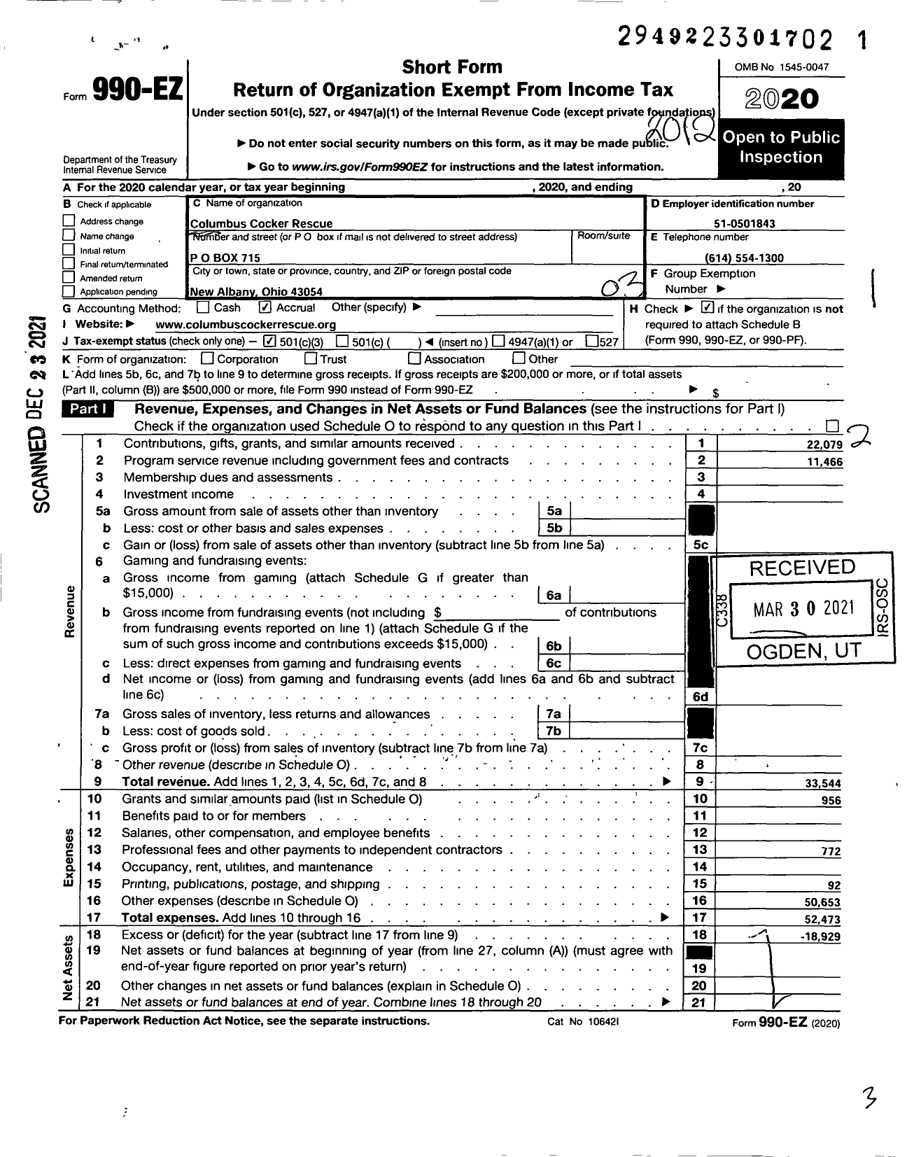 Image of first page of 2020 Form 990EZ for Columbus Cocker Rescue