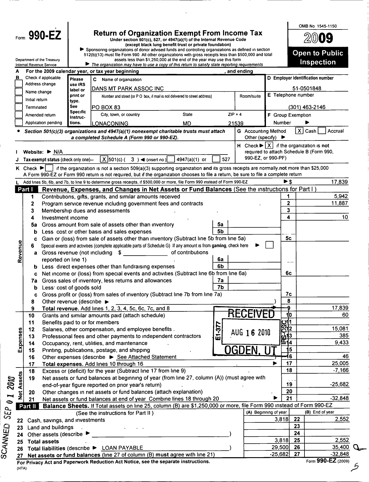 Image of first page of 2009 Form 990EZ for Dans MT Park Association