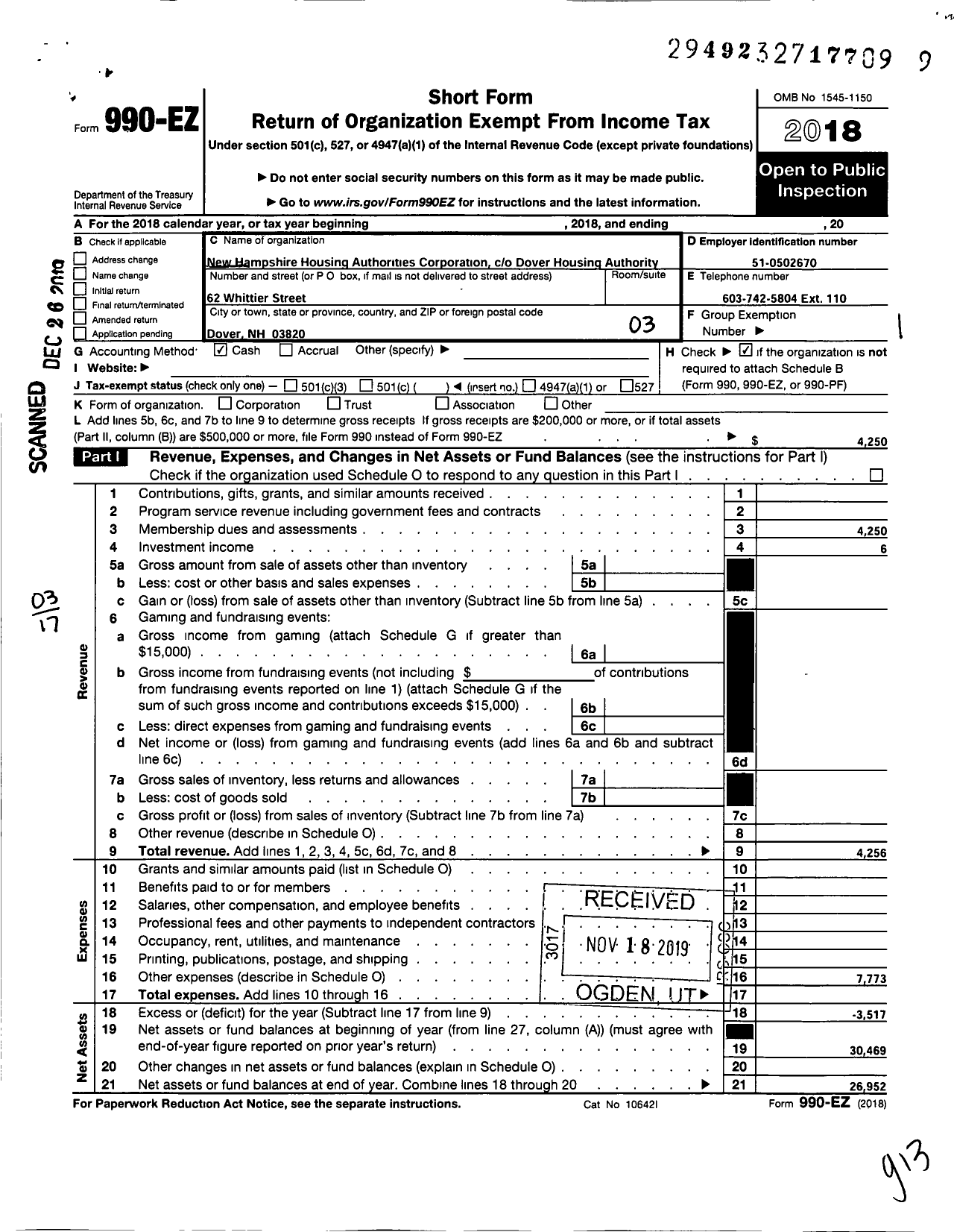 Image of first page of 2018 Form 990EZ for New Hampshire Housing Authorities Corporation