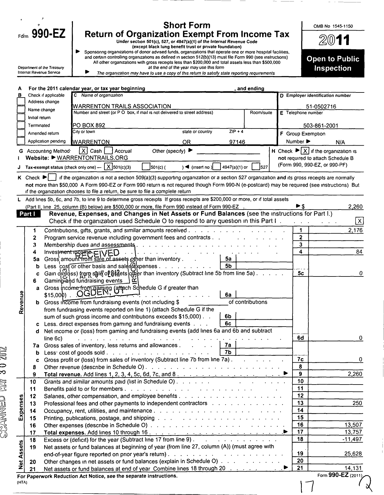 Image of first page of 2011 Form 990EZ for Warrenton Trails Association
