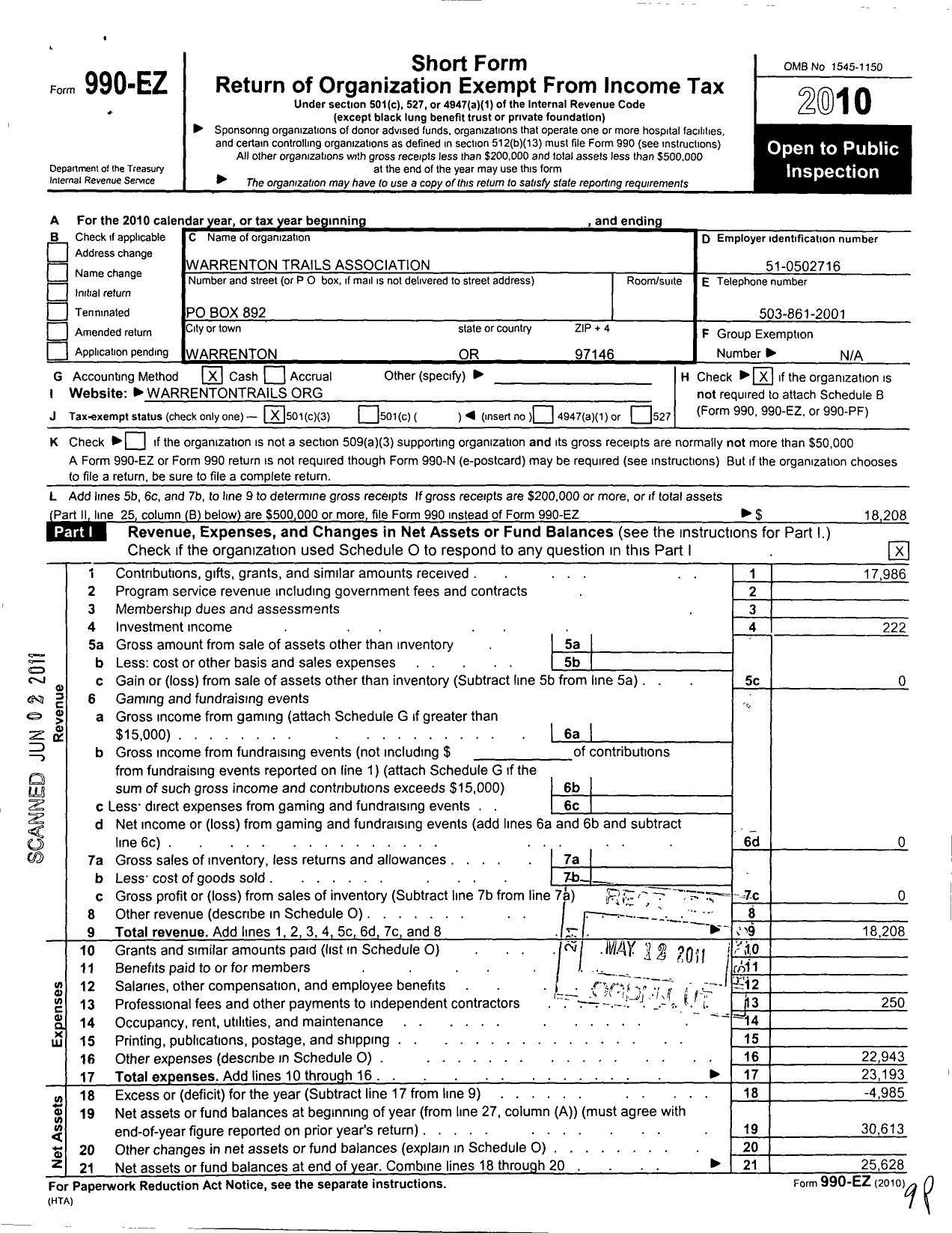 Image of first page of 2010 Form 990EZ for Warrenton Trails Association