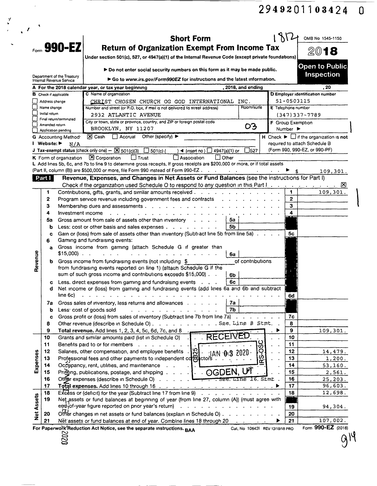 Image of first page of 2018 Form 990EZ for Christ Chosen Church Og God International