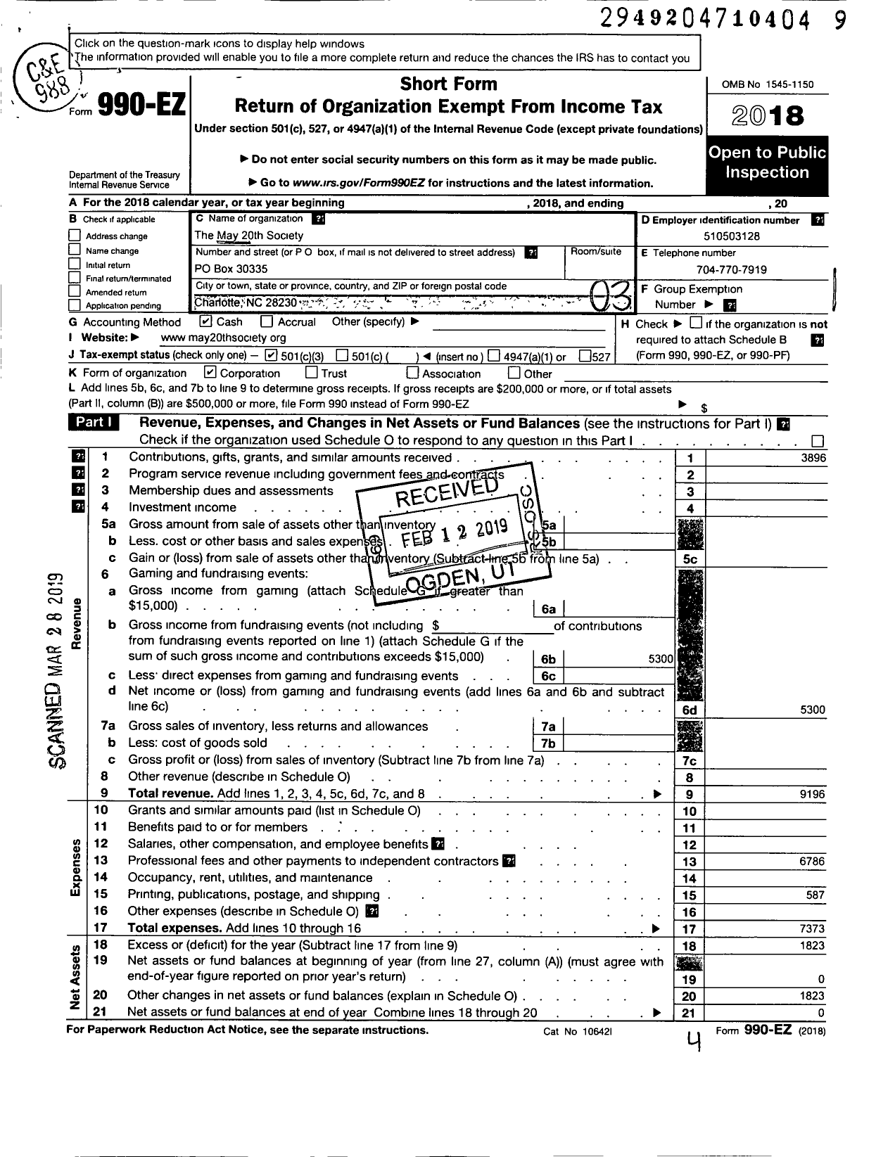 Image of first page of 2018 Form 990EZ for May 20th Society