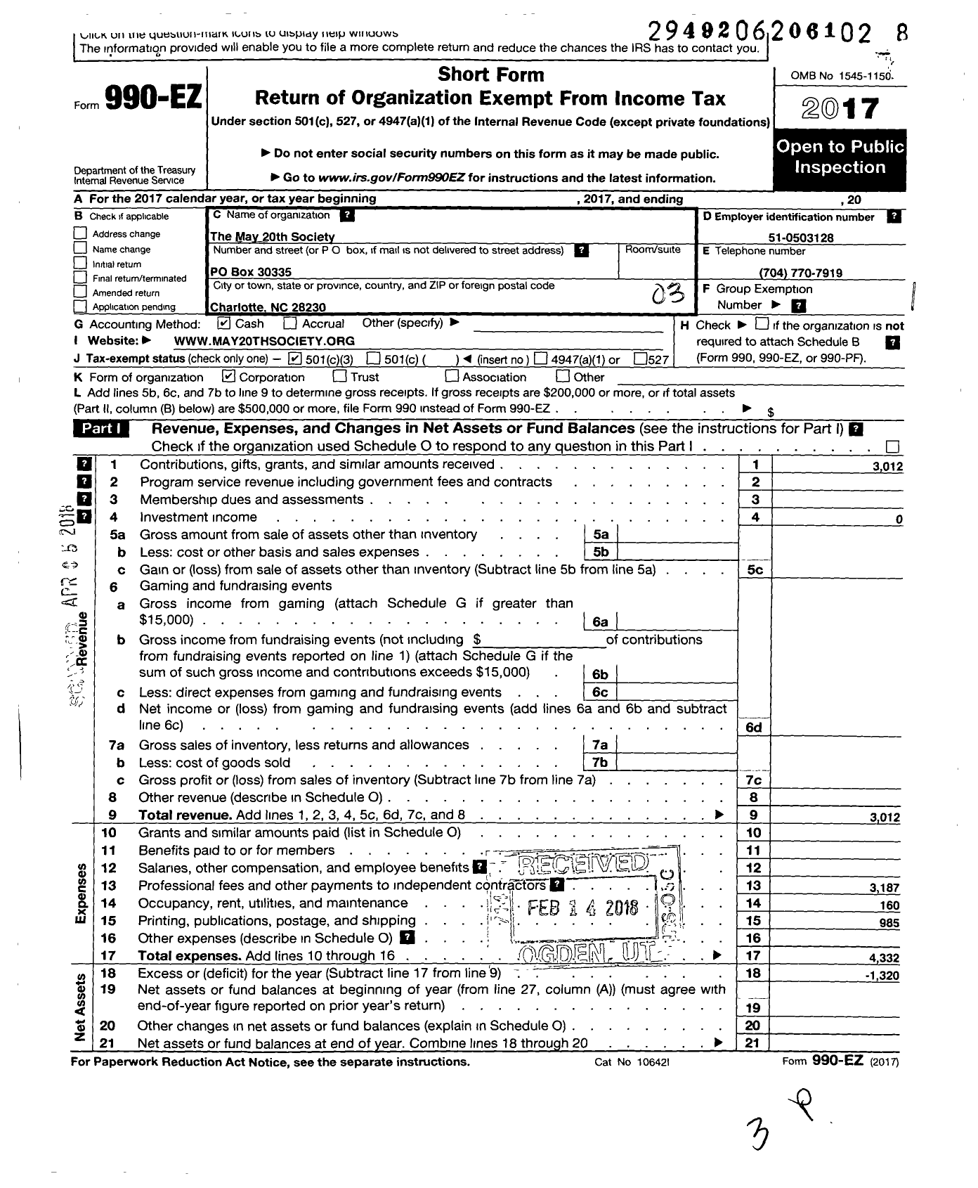 Image of first page of 2017 Form 990EZ for May 20th Society