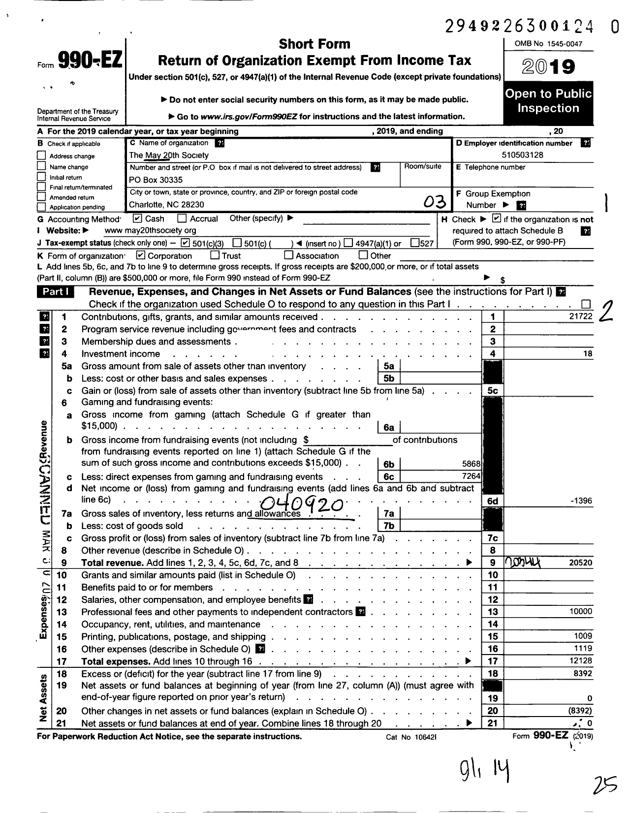 Image of first page of 2019 Form 990EZ for May 20th Society