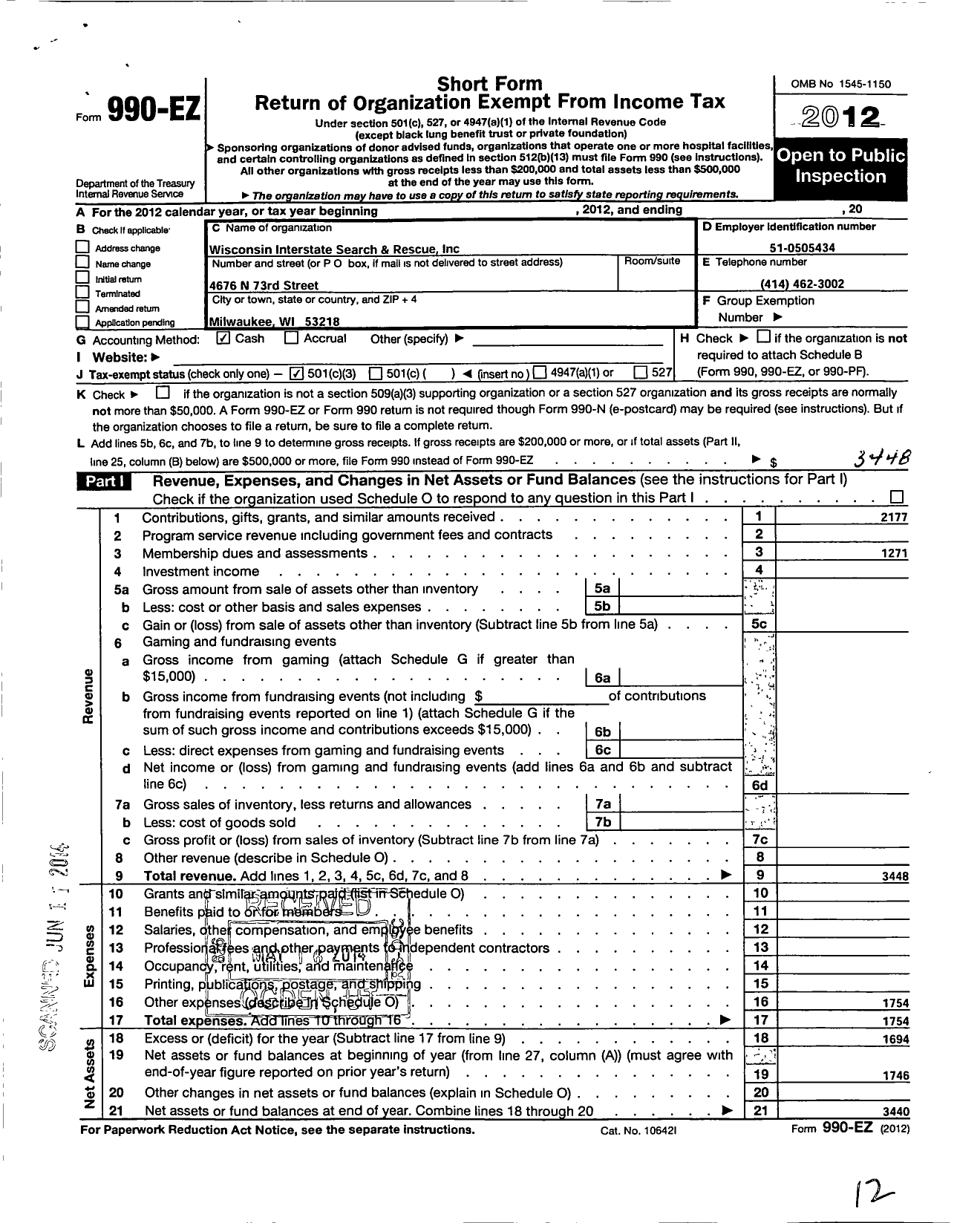 Image of first page of 2012 Form 990EZ for Wisconsin Illinois Search and Recovery K9 Team