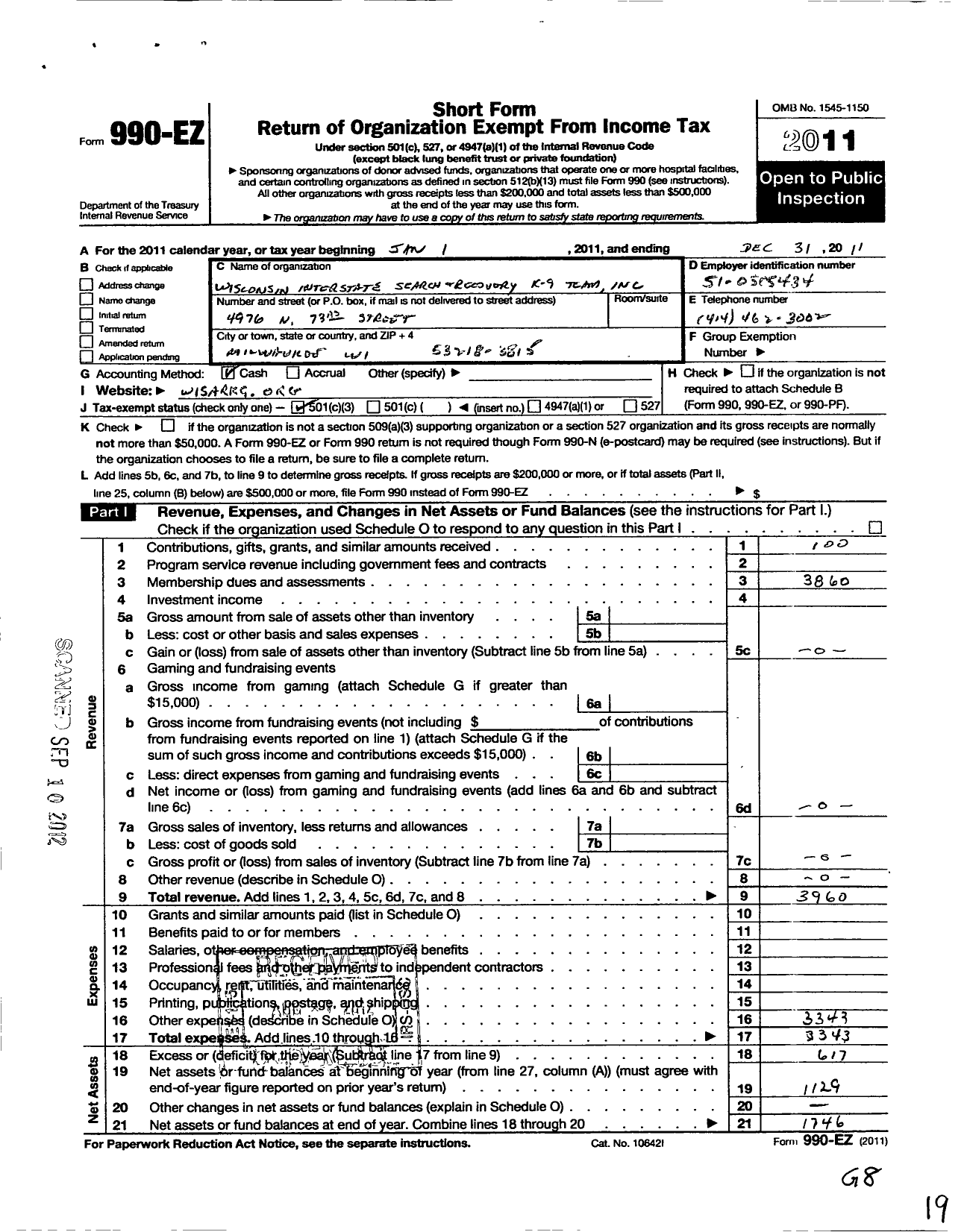 Image of first page of 2011 Form 990EZ for Wisconsin Illinois Search and Recovery K9 Team