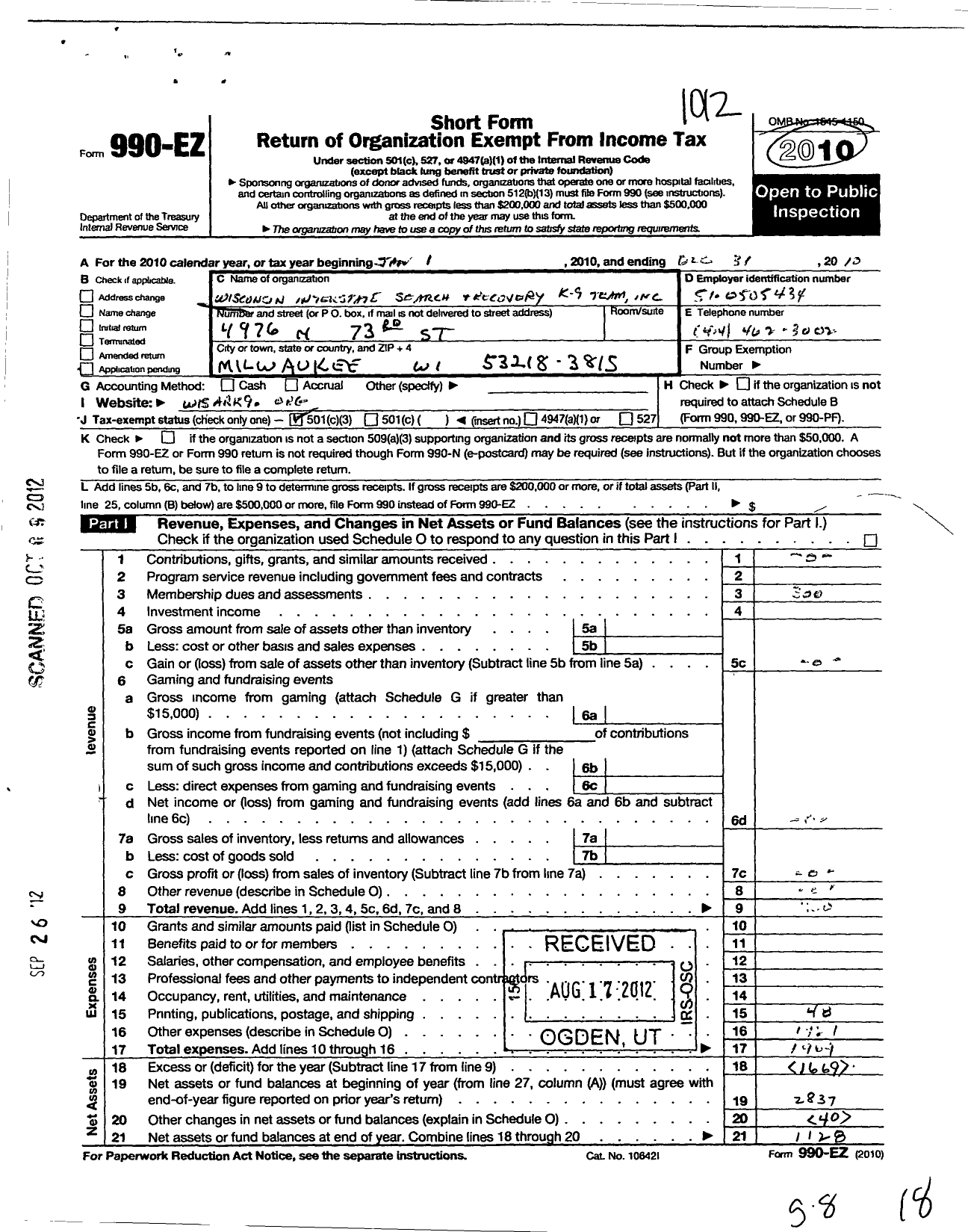 Image of first page of 2010 Form 990EZ for Wisconsin Illinois Search and Recovery K9 Team