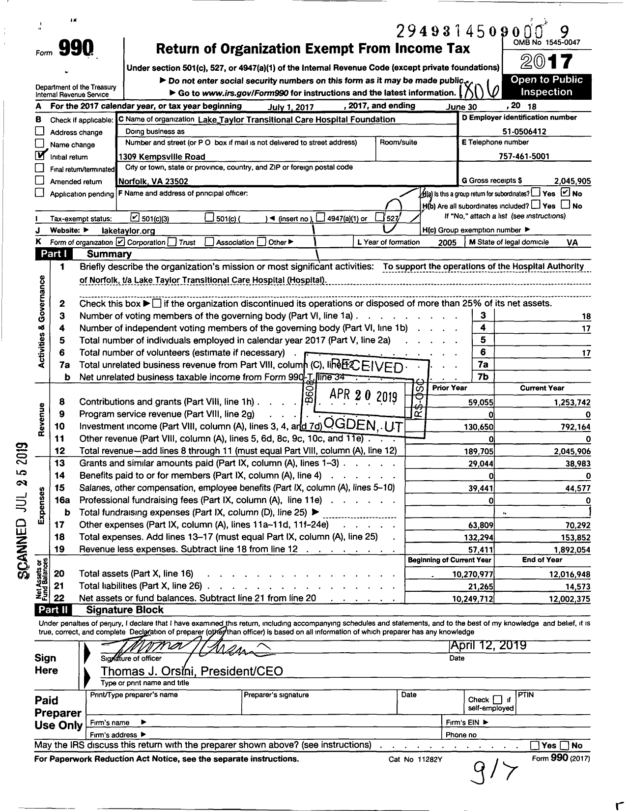 Image of first page of 2017 Form 990 for Lake Taylor Transitional Care Hospital Foundation