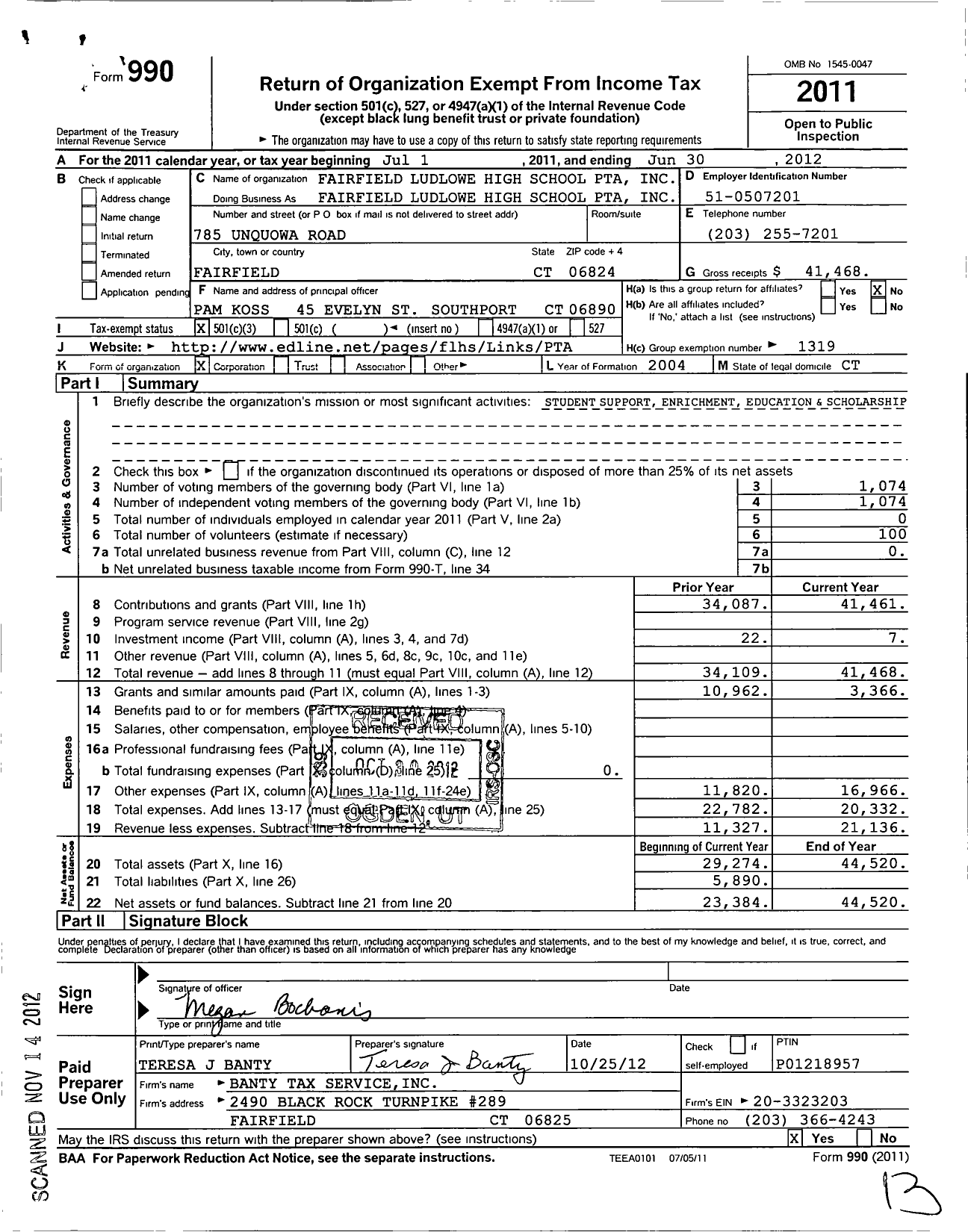 Image of first page of 2011 Form 990 for CT PTA - Fairfield Ludlowe High School PTA