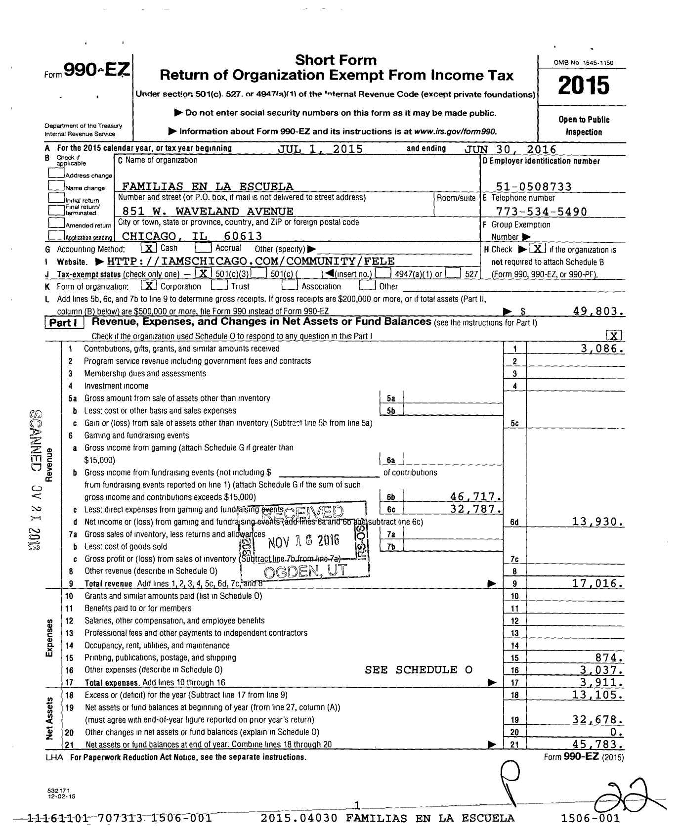 Image of first page of 2015 Form 990EZ for Familias En La Escuela NFP