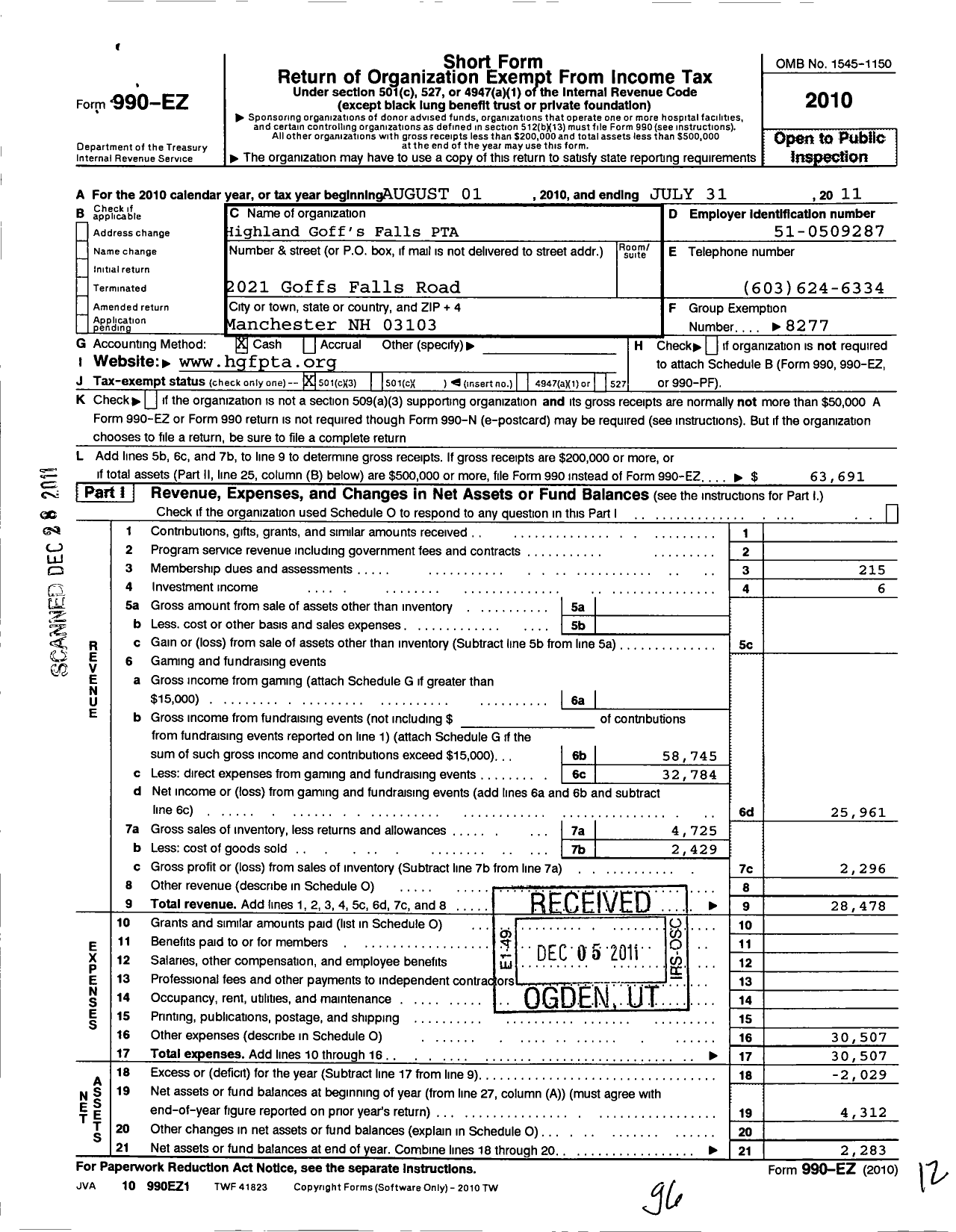 Image of first page of 2010 Form 990EZ for New Hampshire Congress of Parents and Teachers / Highland Goffes Fall Elementary PTA