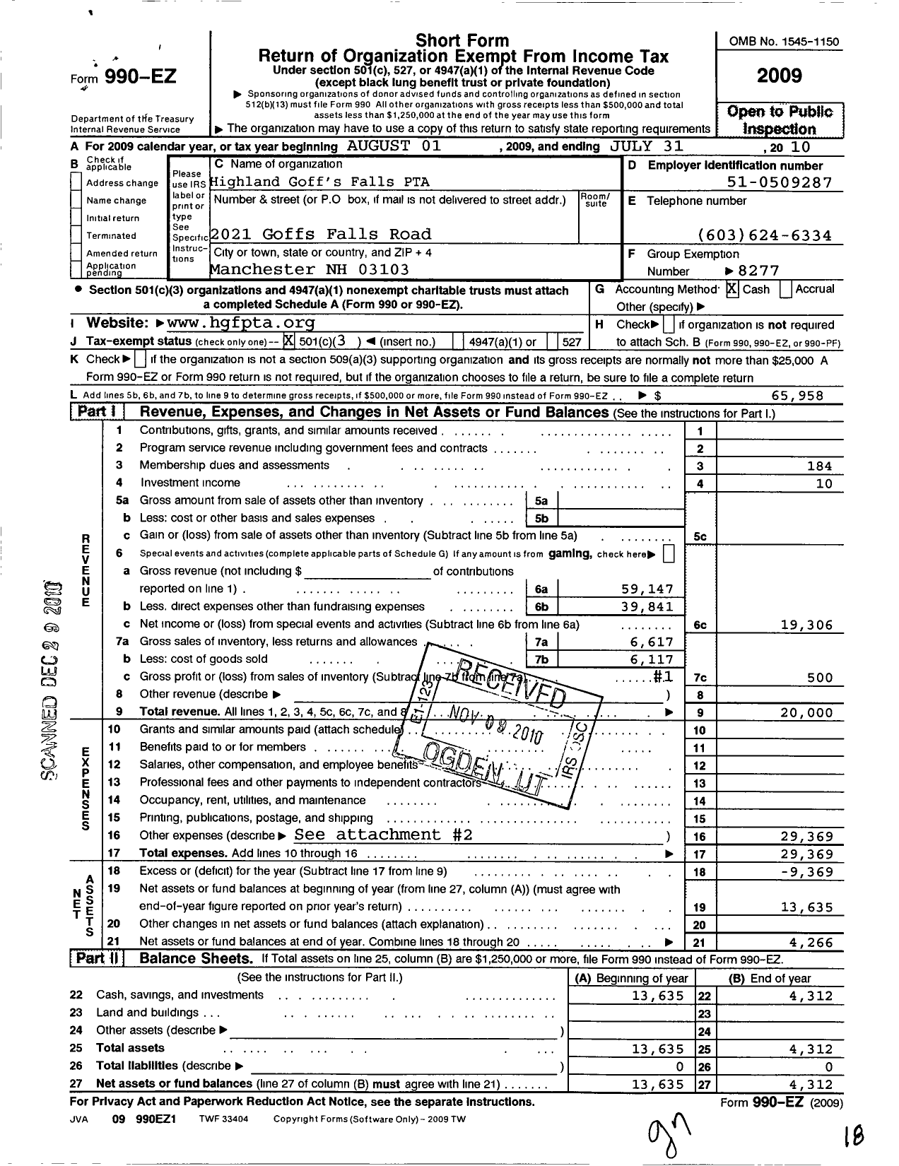 Image of first page of 2009 Form 990EZ for New Hampshire Congress of Parents and Teachers / Highland Goffes Fall Elementary PTA