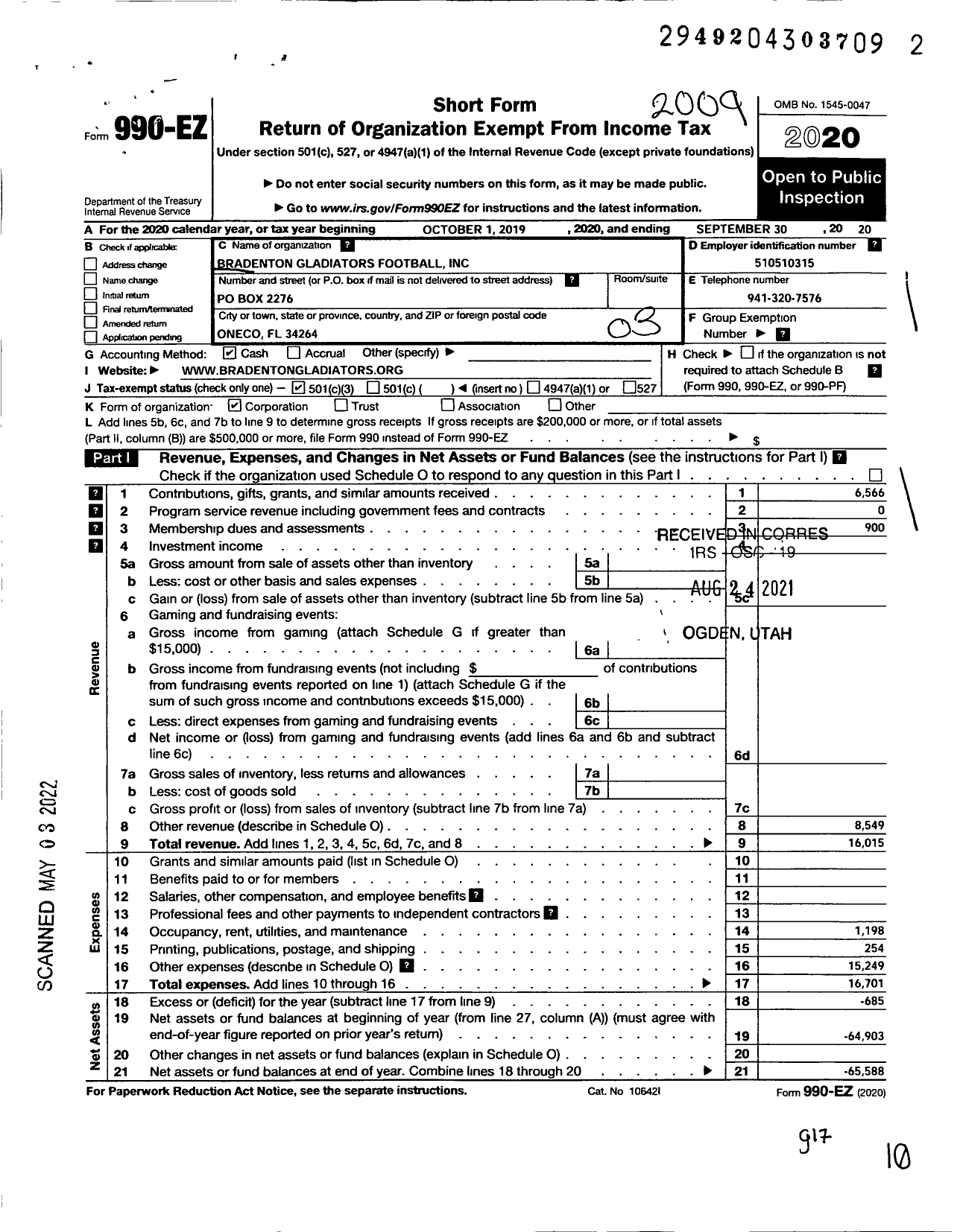 Image of first page of 2019 Form 990EZ for Bradenton Gladiators Football